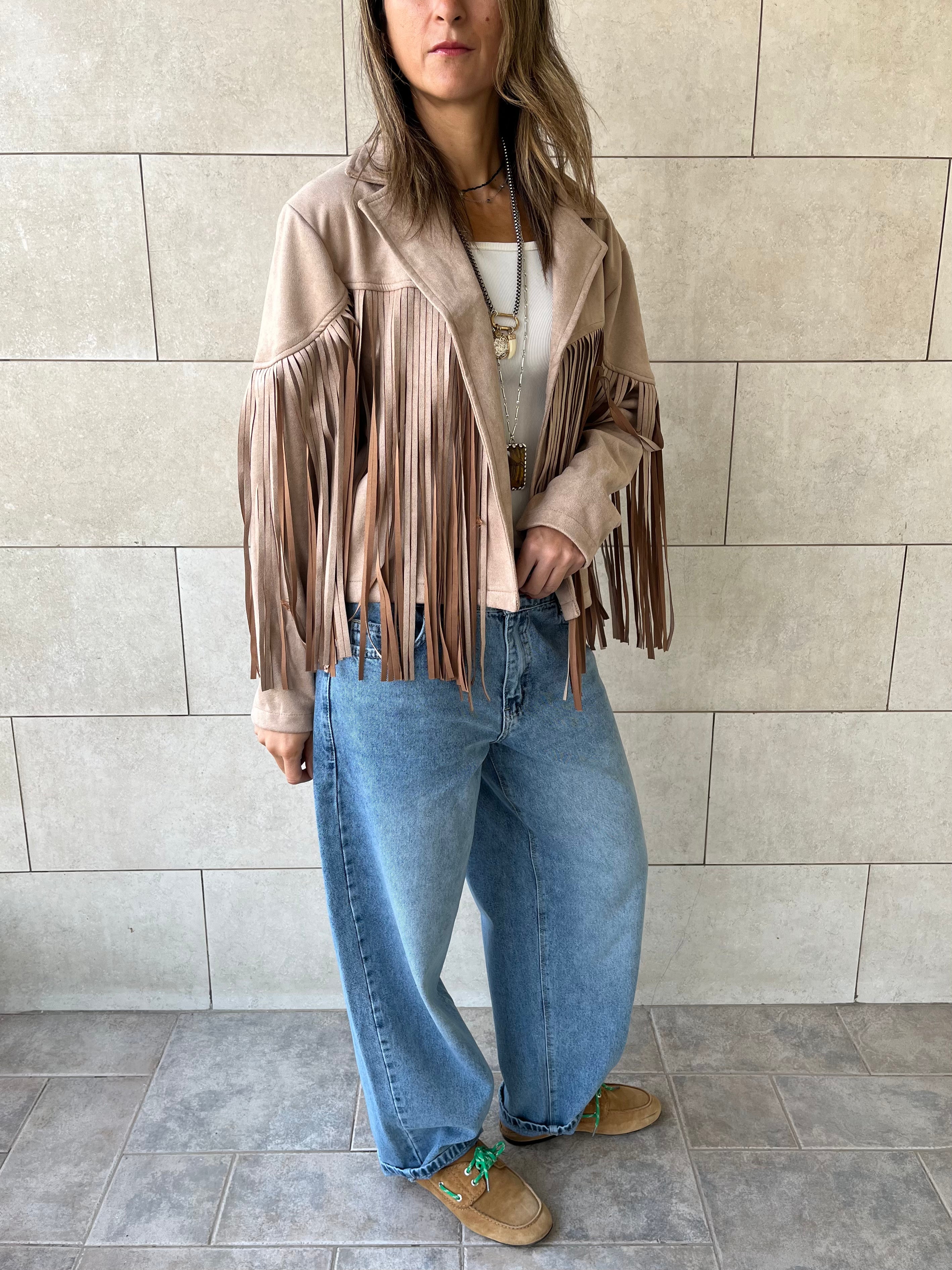 Beige Fringe Suede Jacket