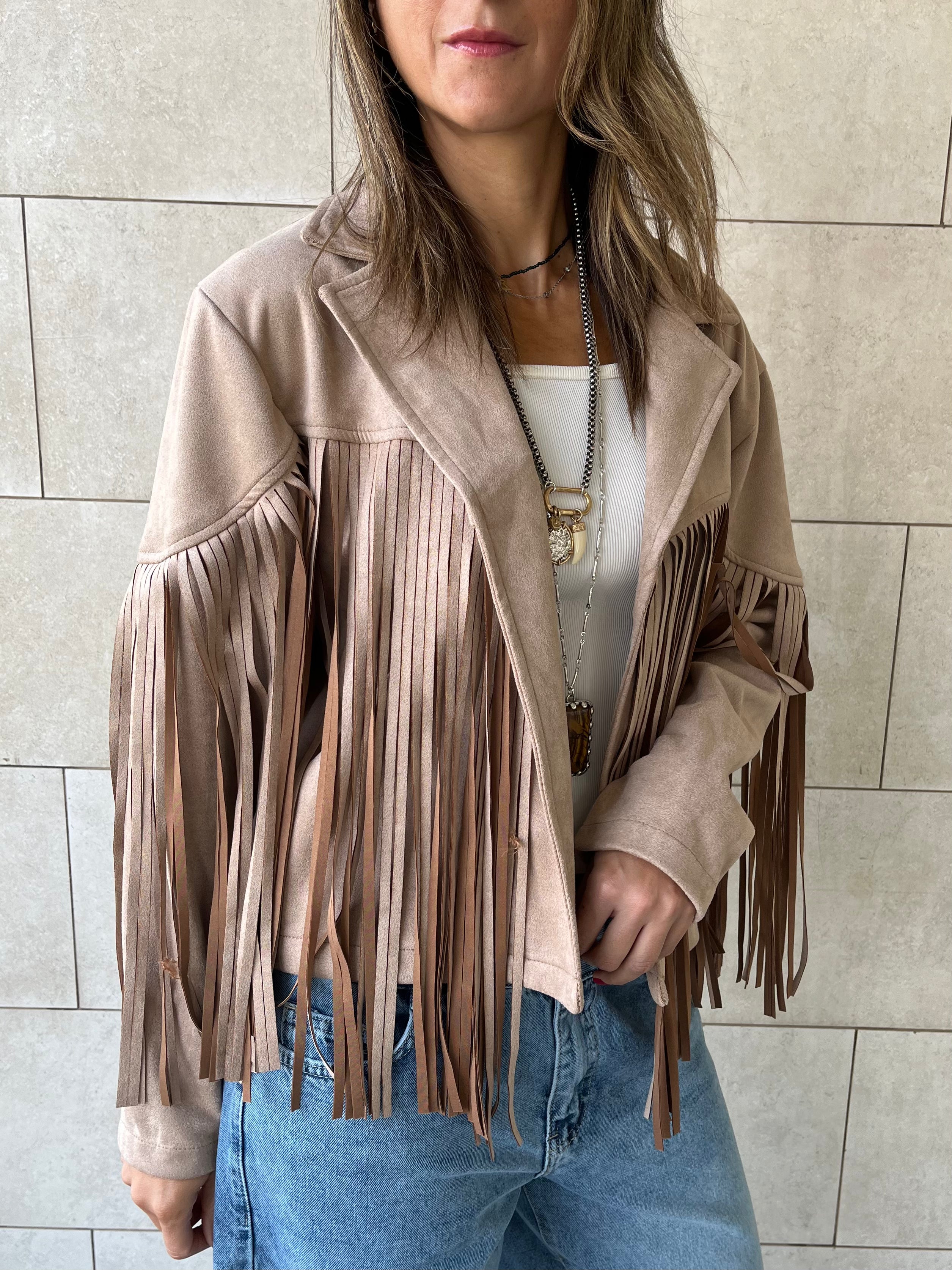 Beige Fringe Suede Jacket