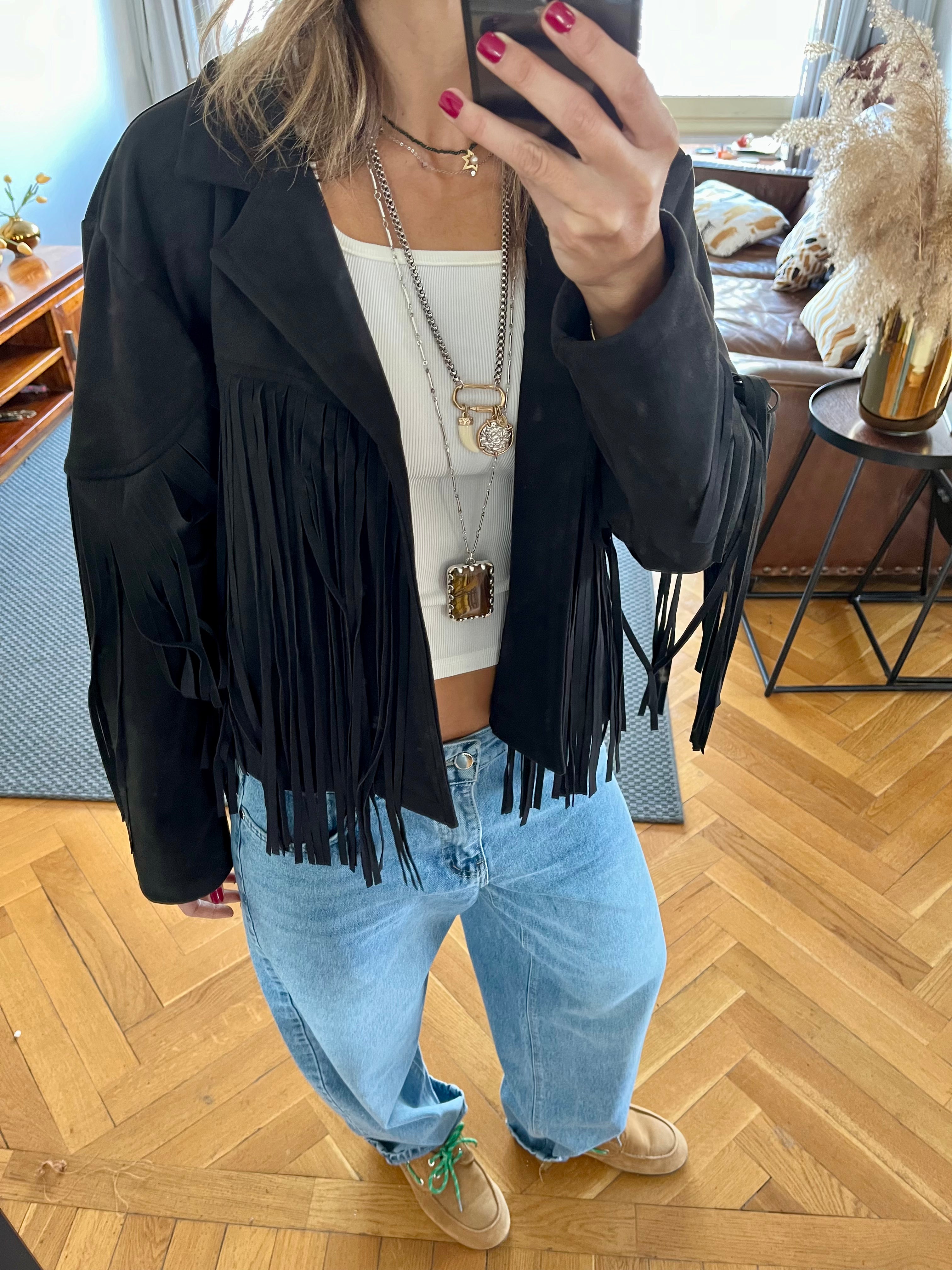 Black Fringe Suede Jacket
