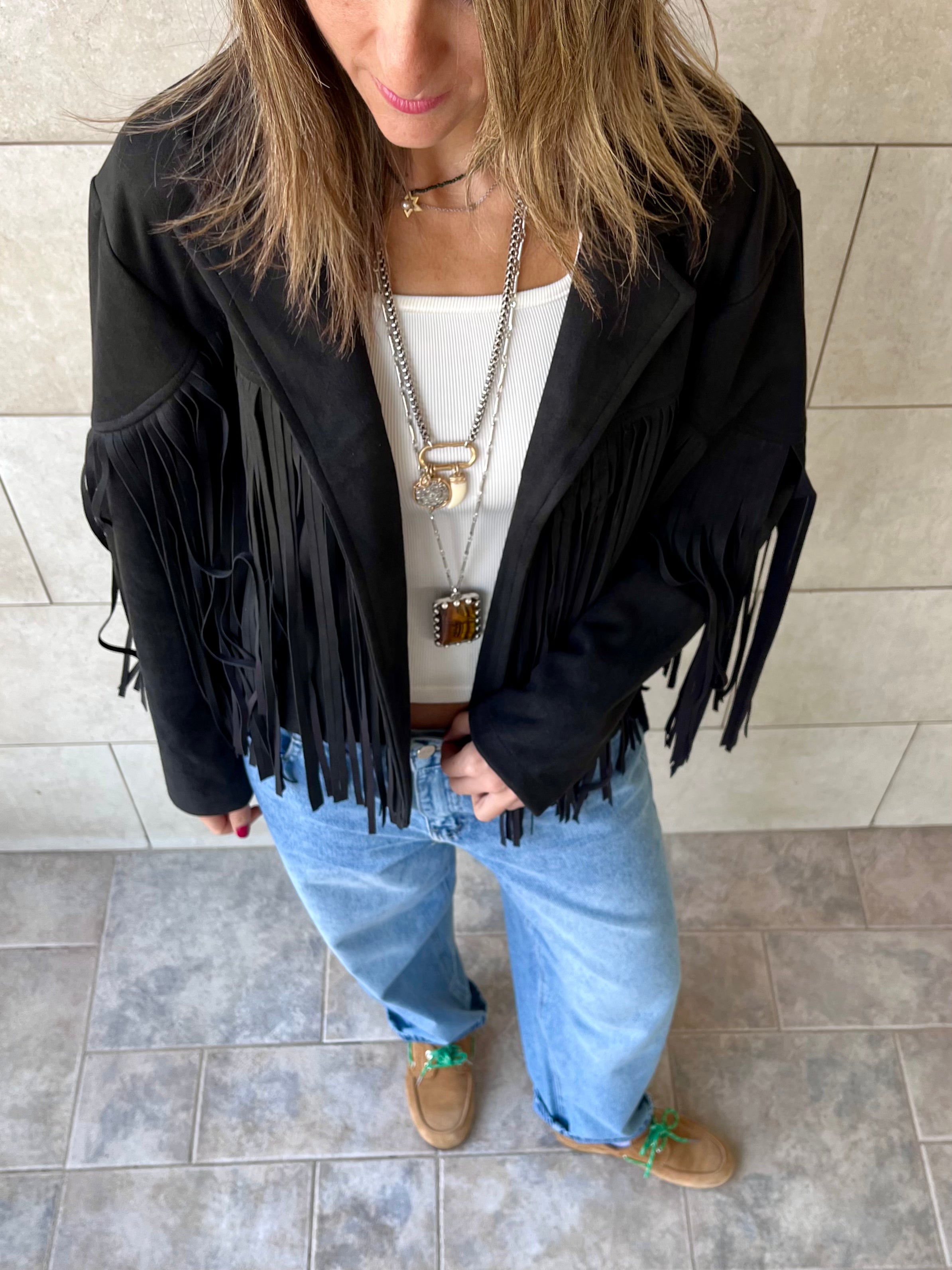 Black Fringe Suede Jacket