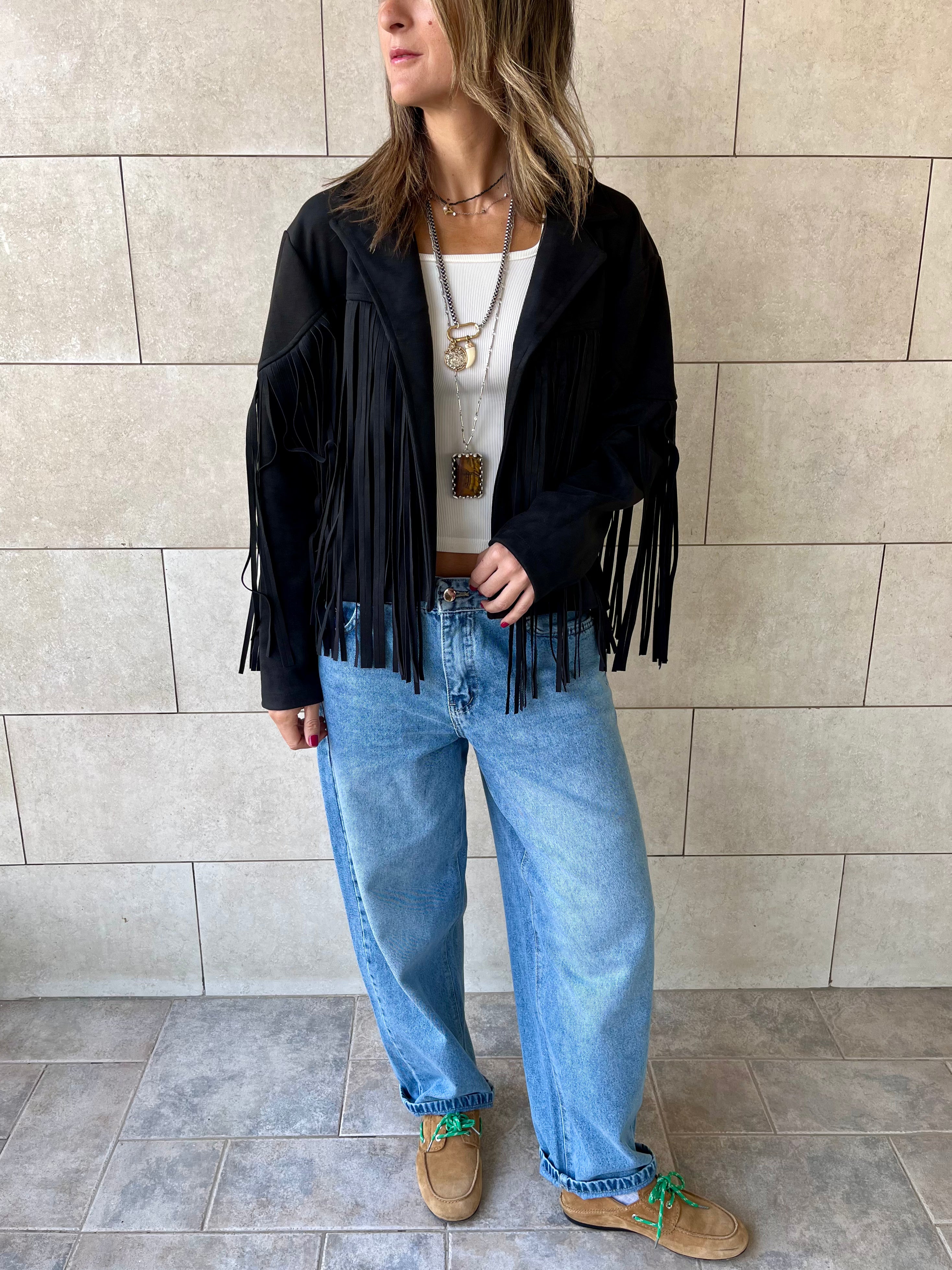 Black Fringe Suede Jacket