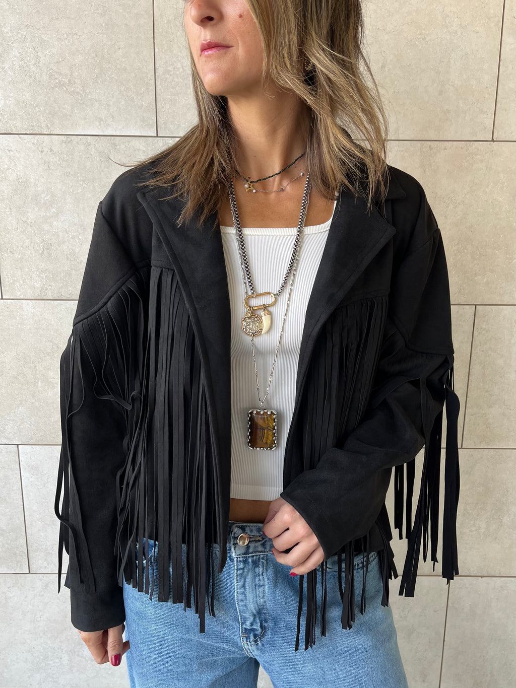 Black Fringe Suede Jacket