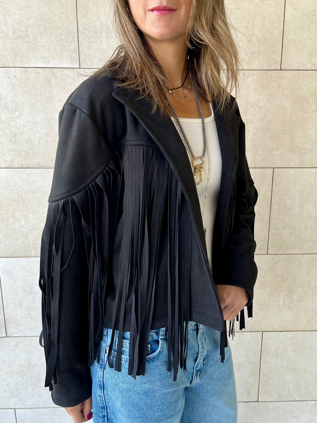 Black Fringe Suede Jacket