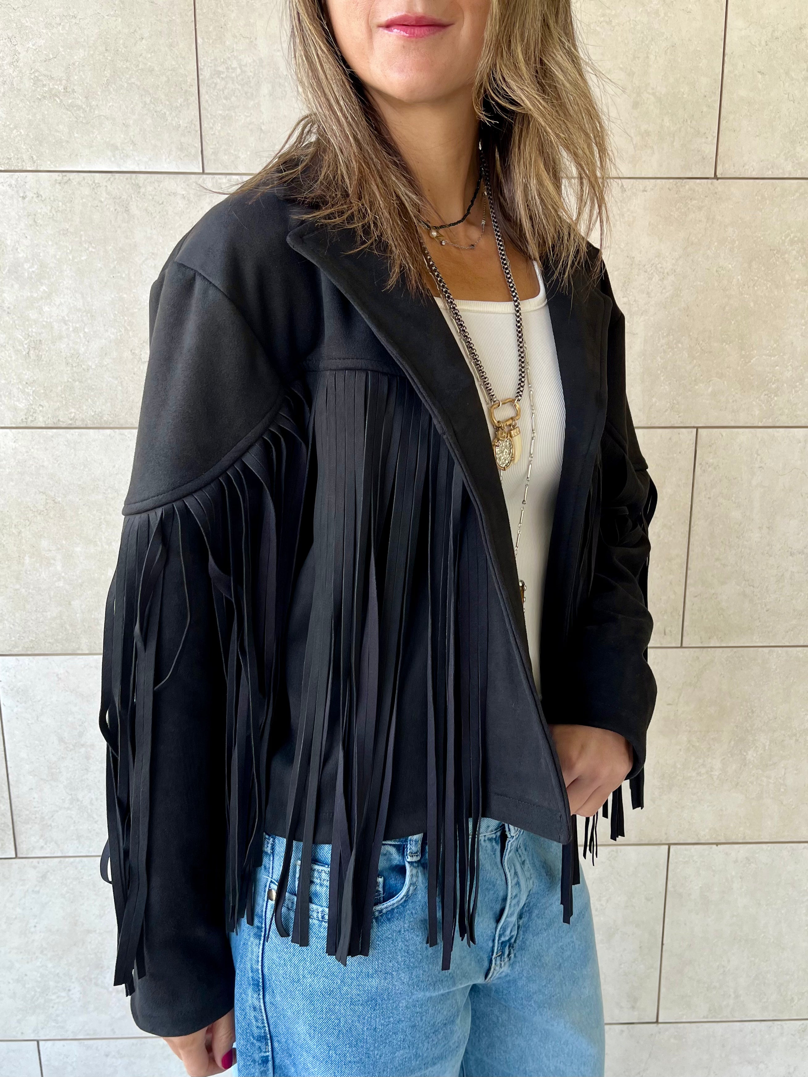 Black Fringe Suede Jacket