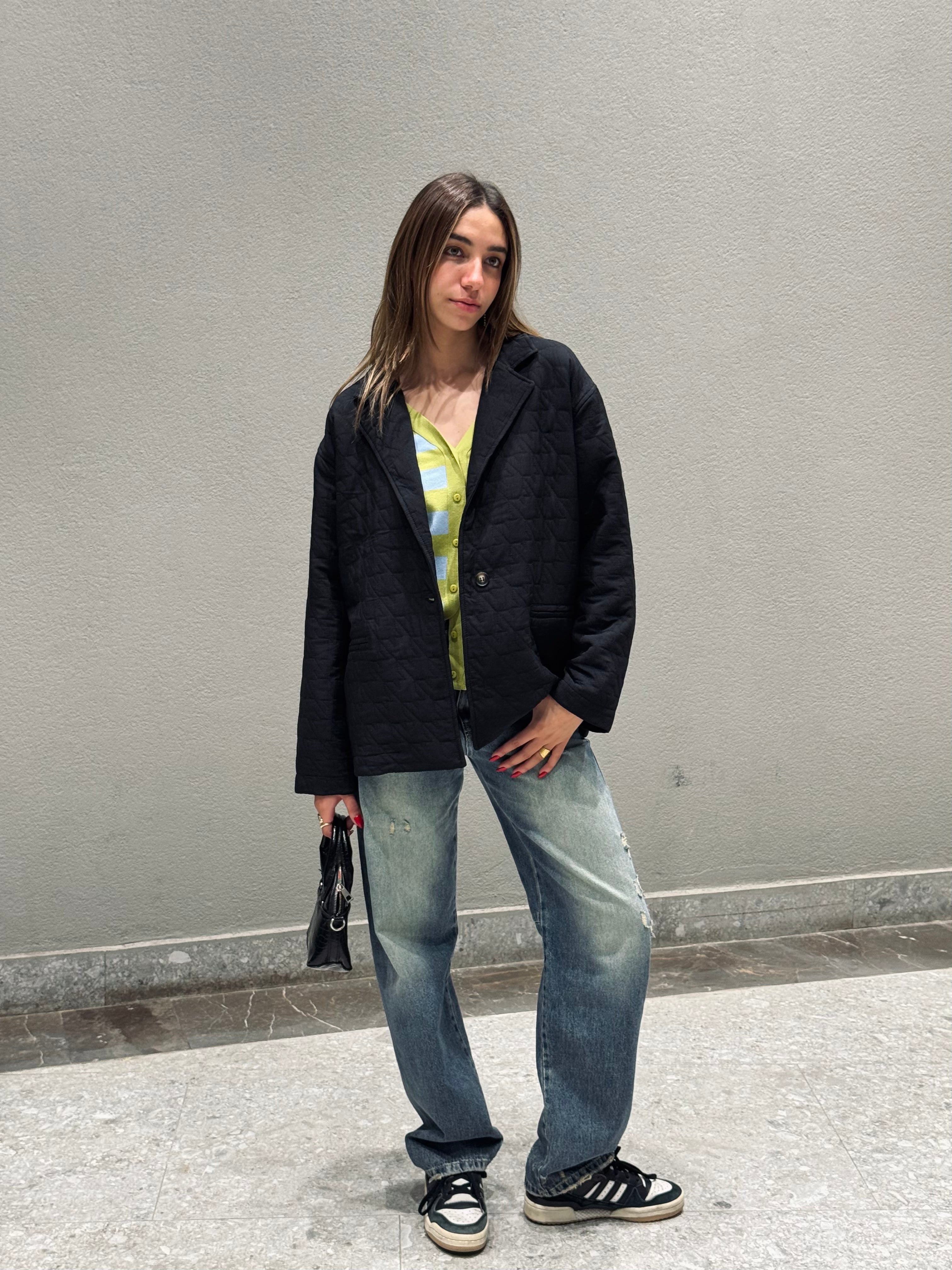 Black Belted Quilted Blazer Jacket