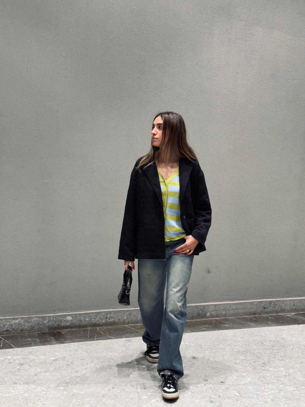 Black Belted Quilted Blazer Jacket