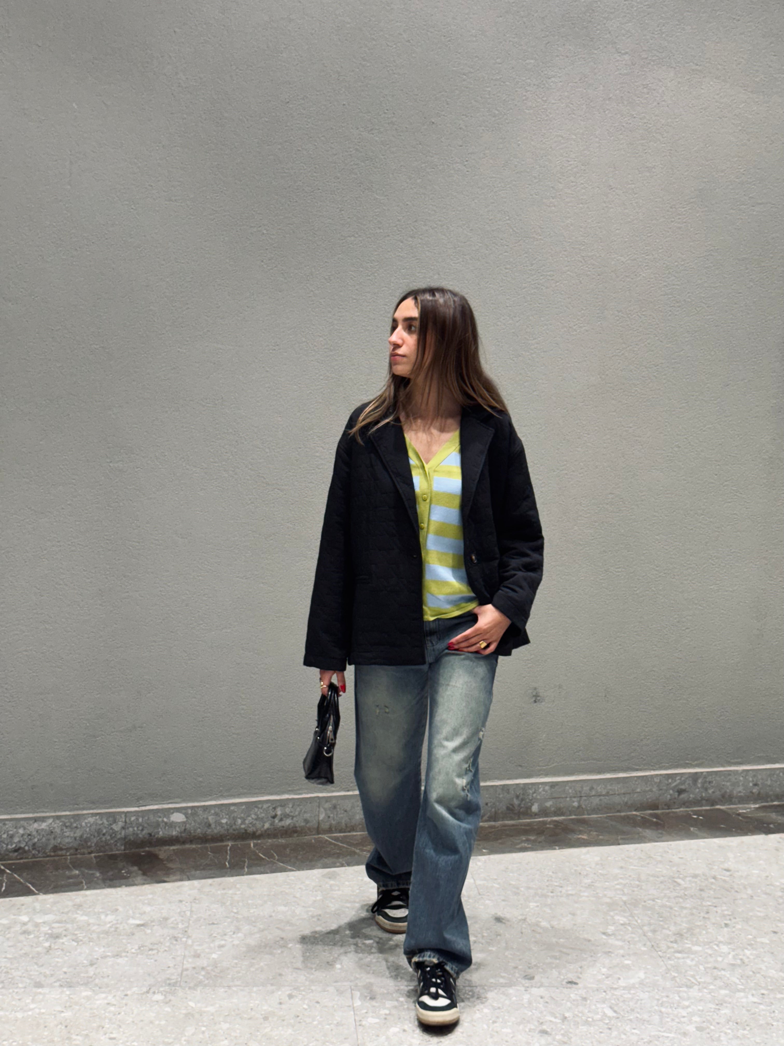 Black Belted Quilted Blazer Jacket