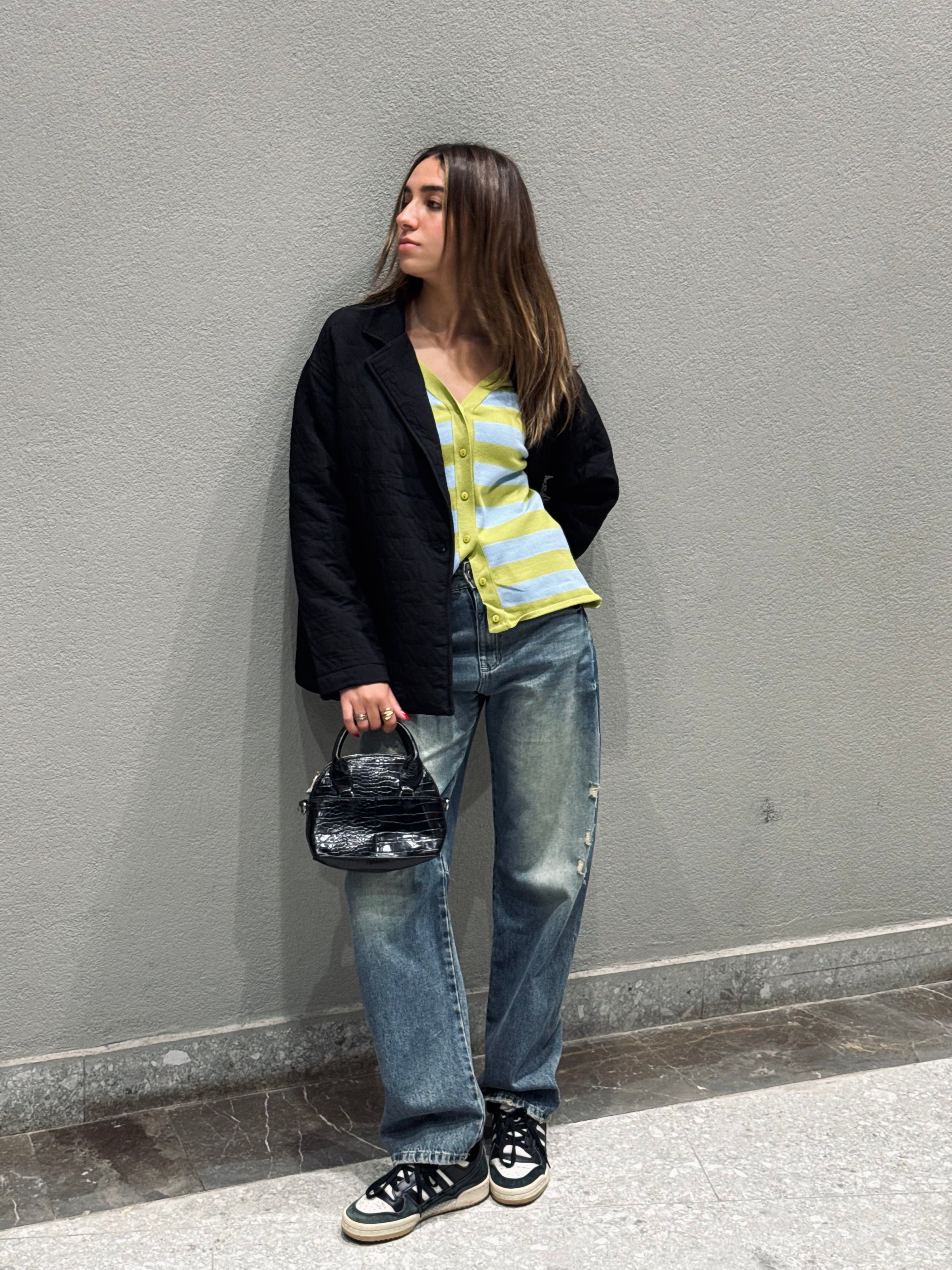 Black Belted Quilted Blazer Jacket