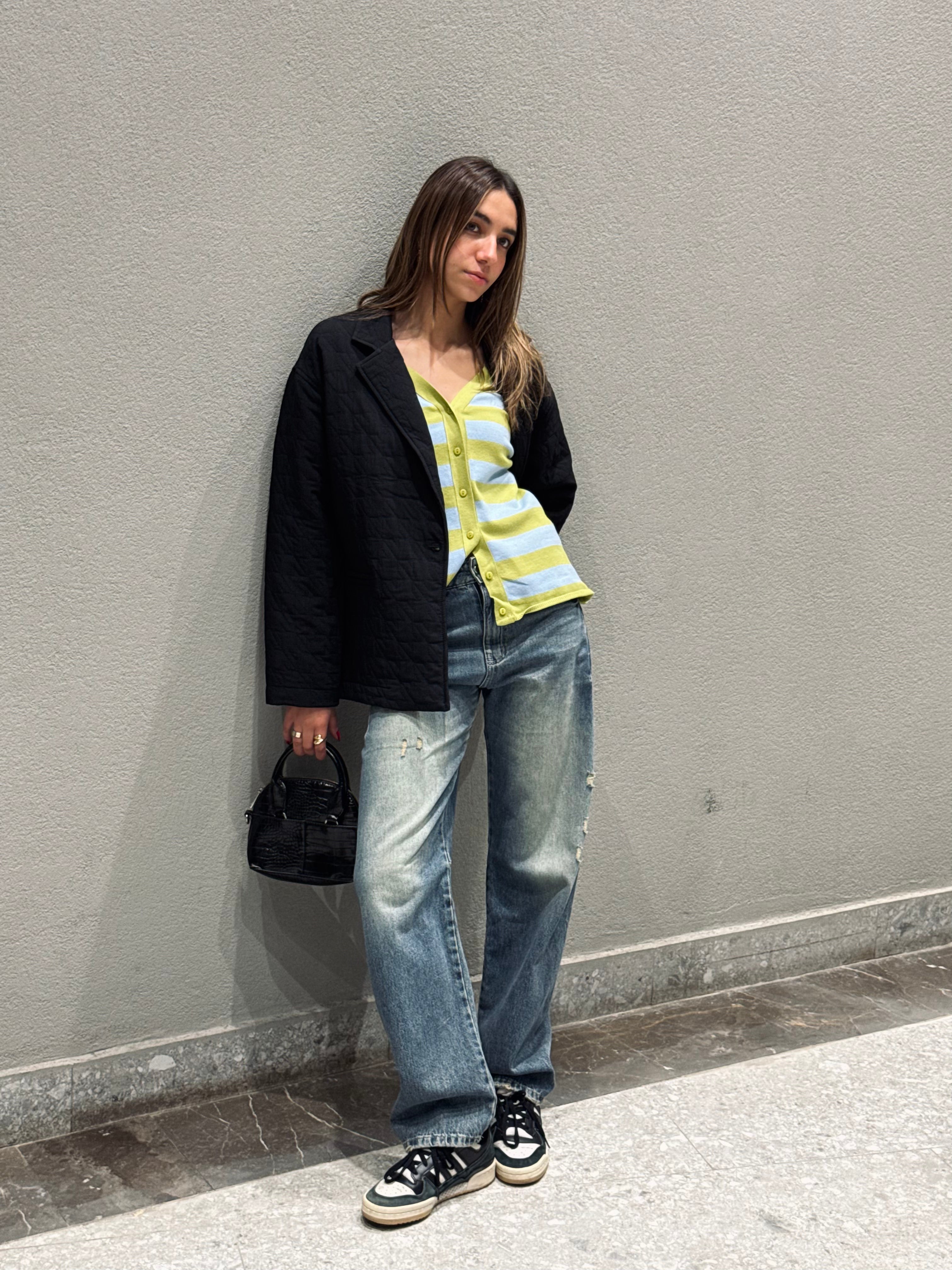 Black Belted Quilted Blazer Jacket