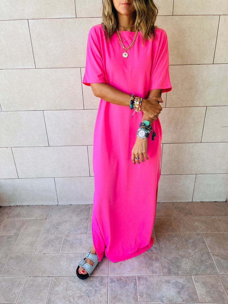 Fuchsia Fall Dayz Maxi T Shirt Dress Frillu