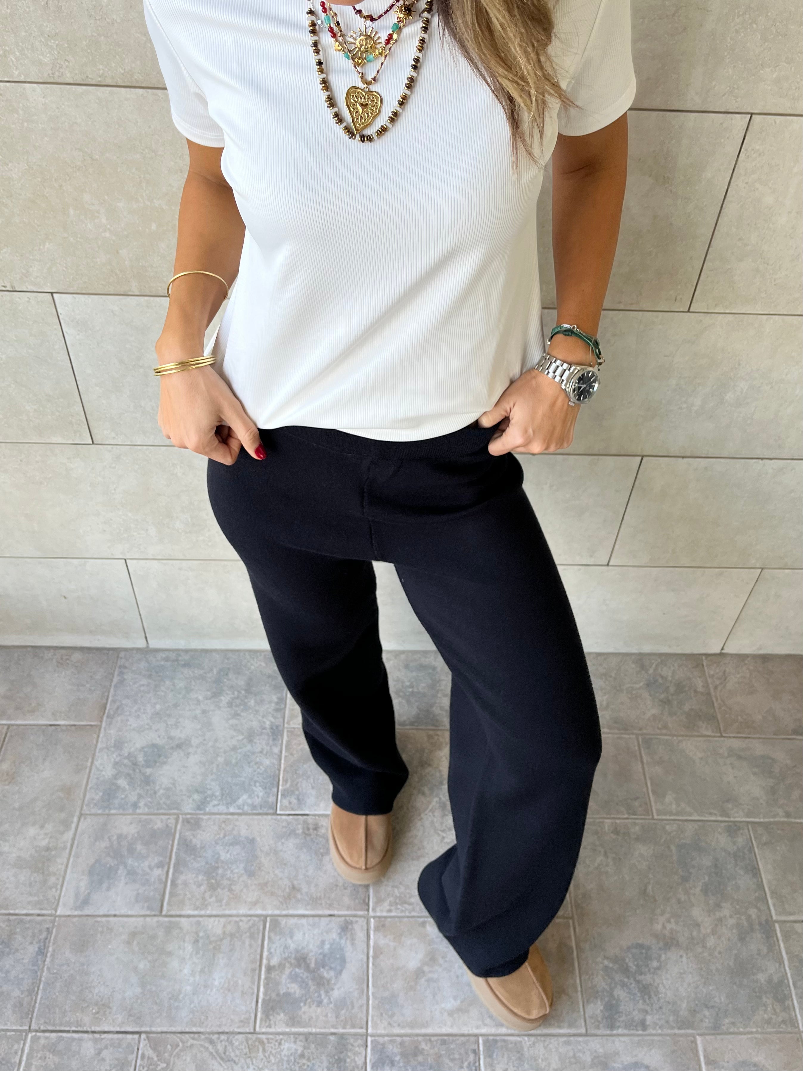 Black Structure Straight Knit Pants