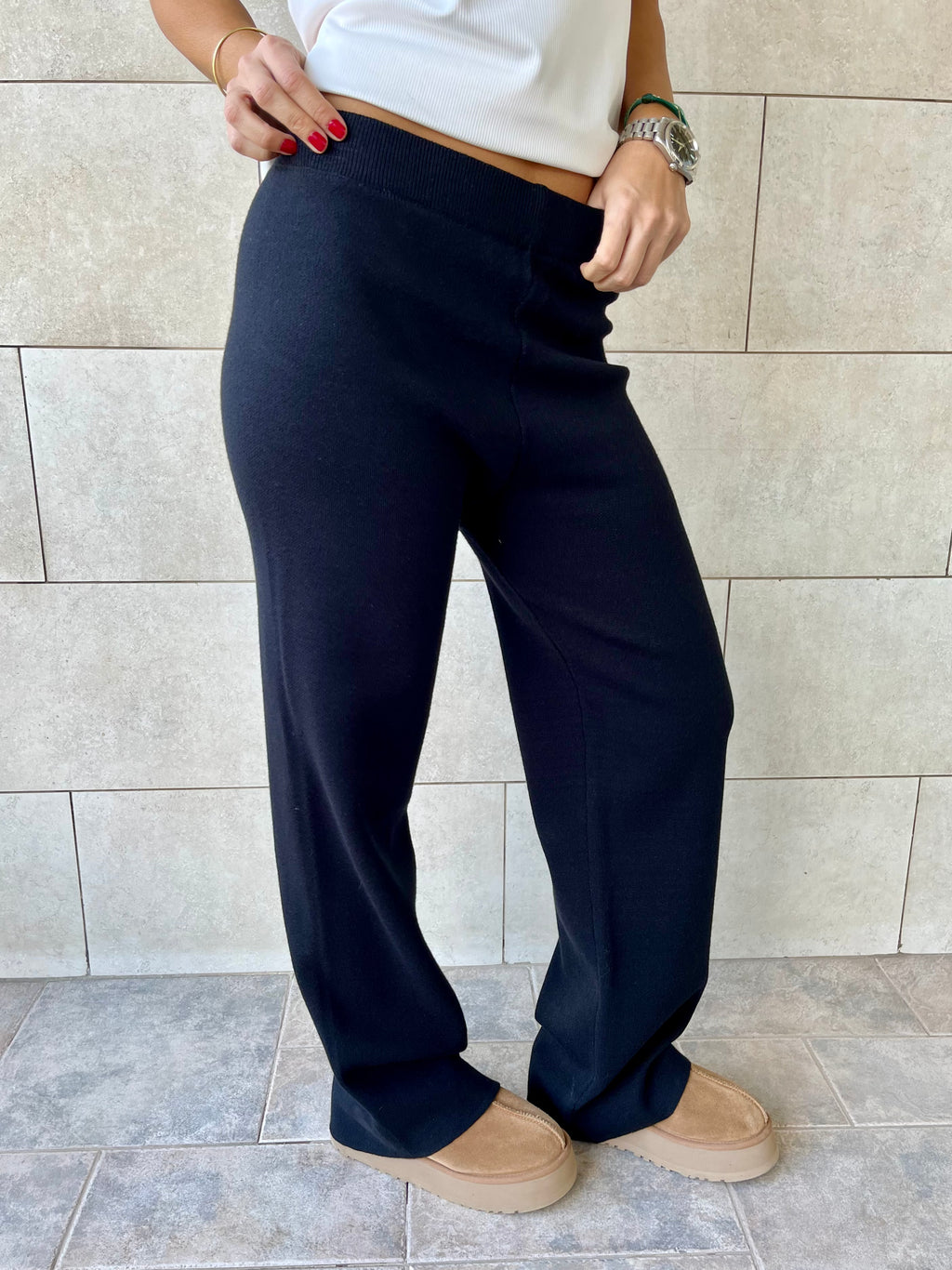 Black Structure Straight Knit Pants