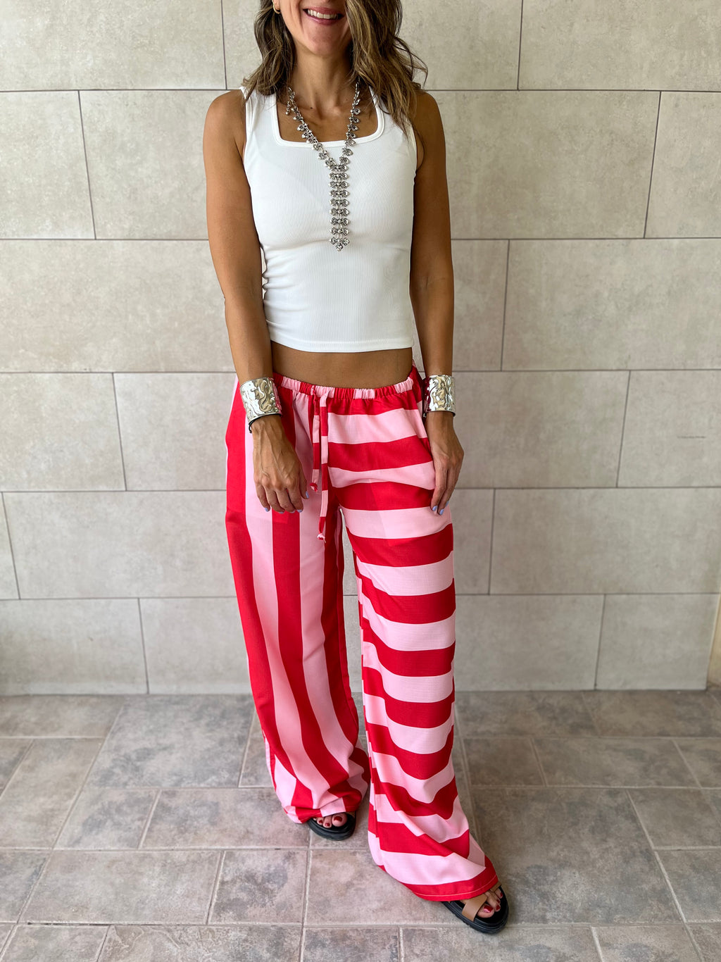 Red & Pink Striped Colored Pants
