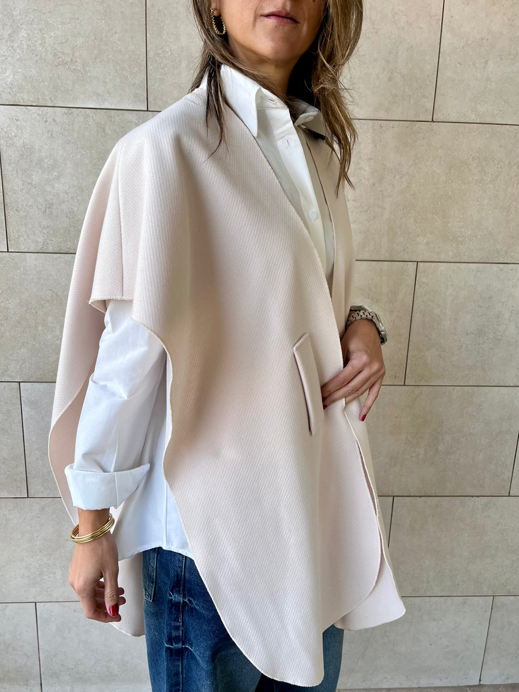 Beige Relaxed Cape Poncho