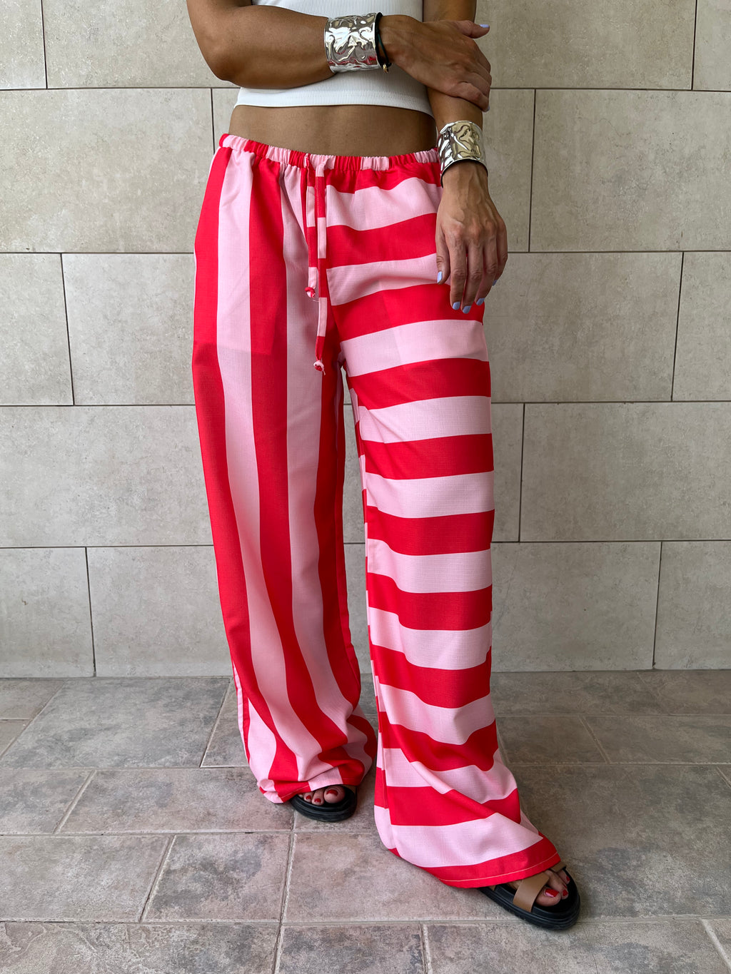 Red & Pink Striped Colored Pants