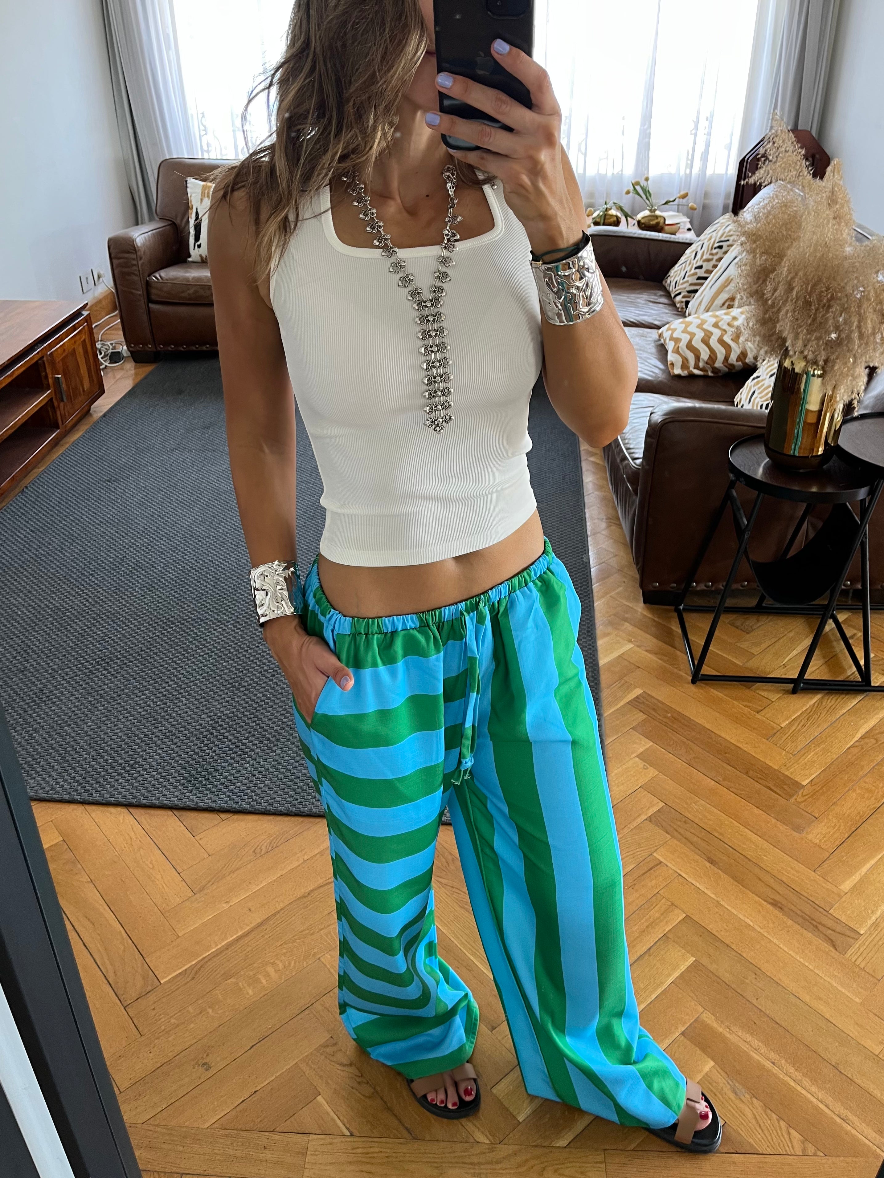 Green & Blue Striped Colored Pants