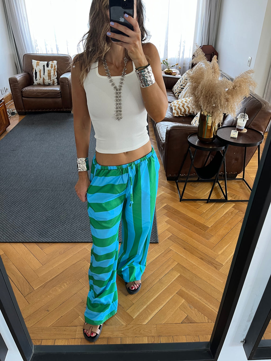 Green & Blue Striped Colored Pants