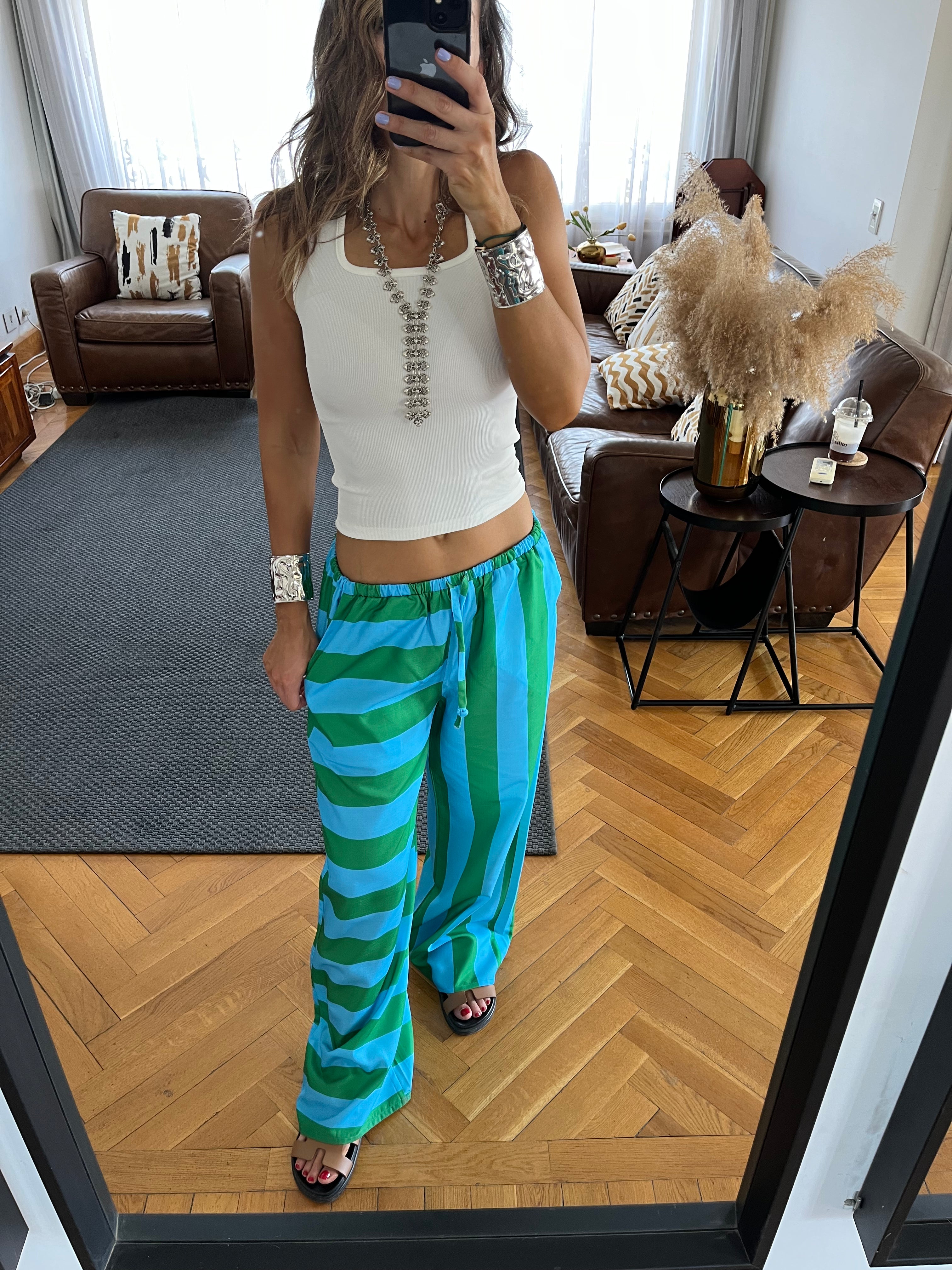 Green & Blue Striped Colored Pants