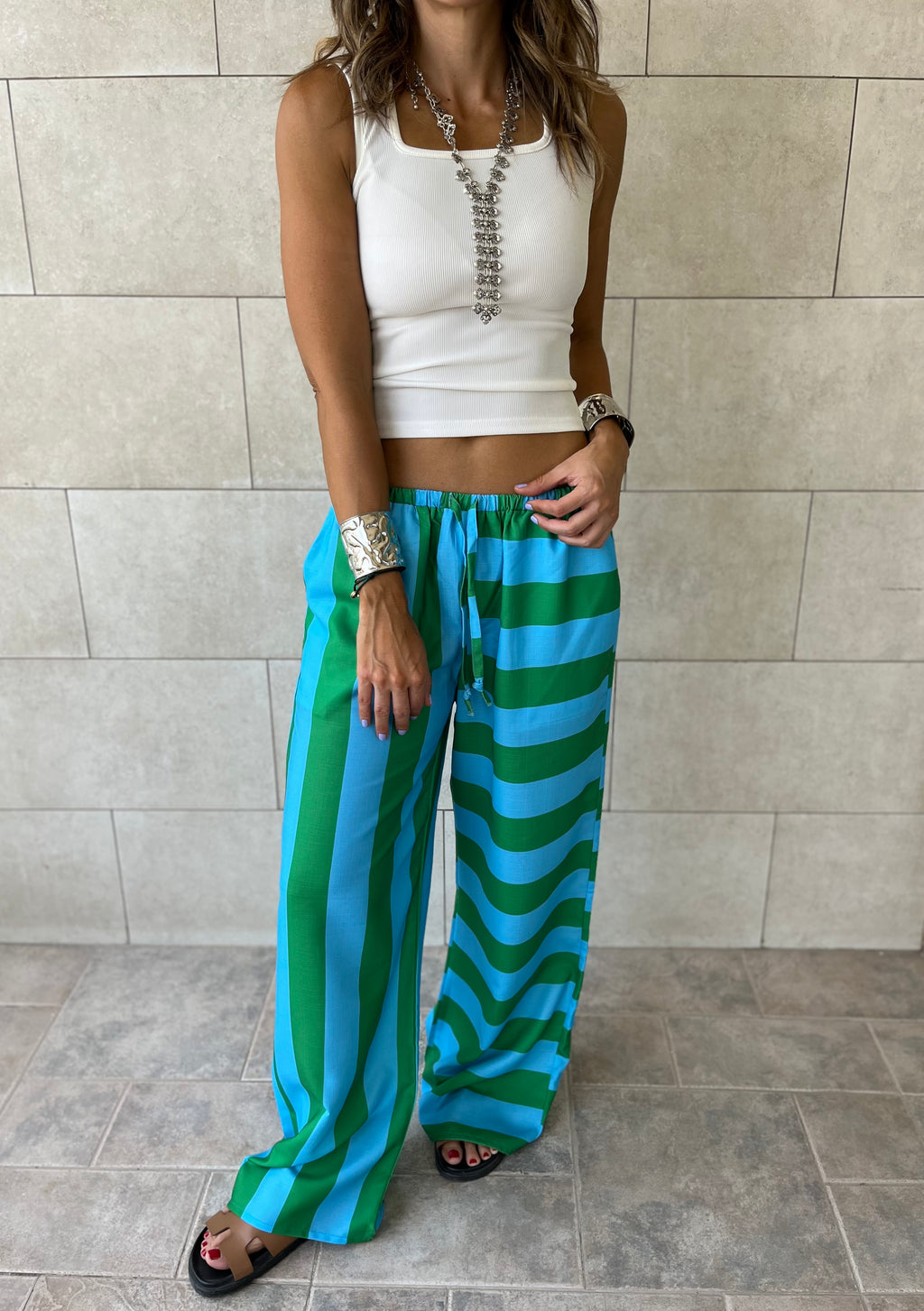 Green & Blue Striped Colored Pants