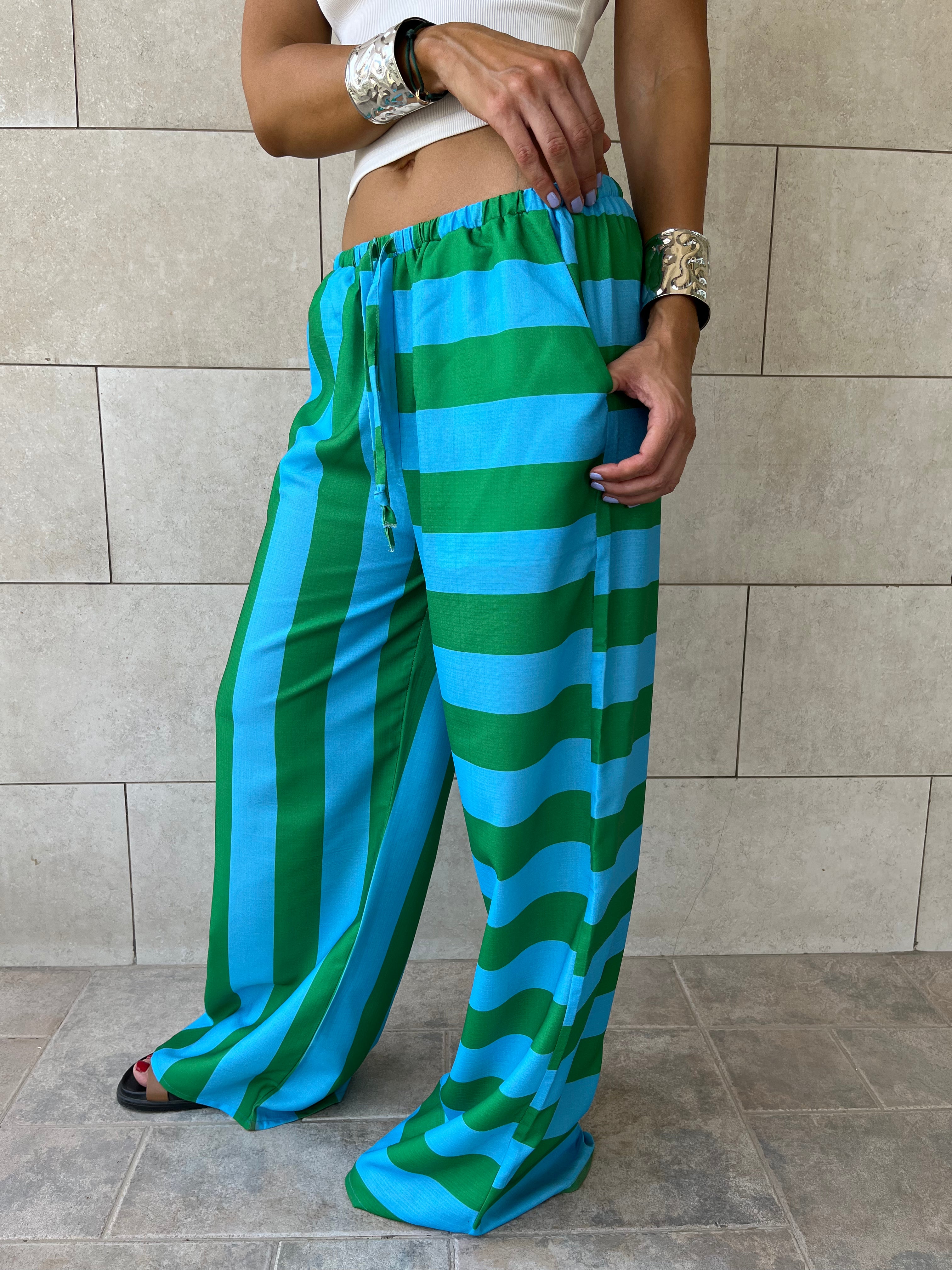 Green & Blue Striped Colored Pants