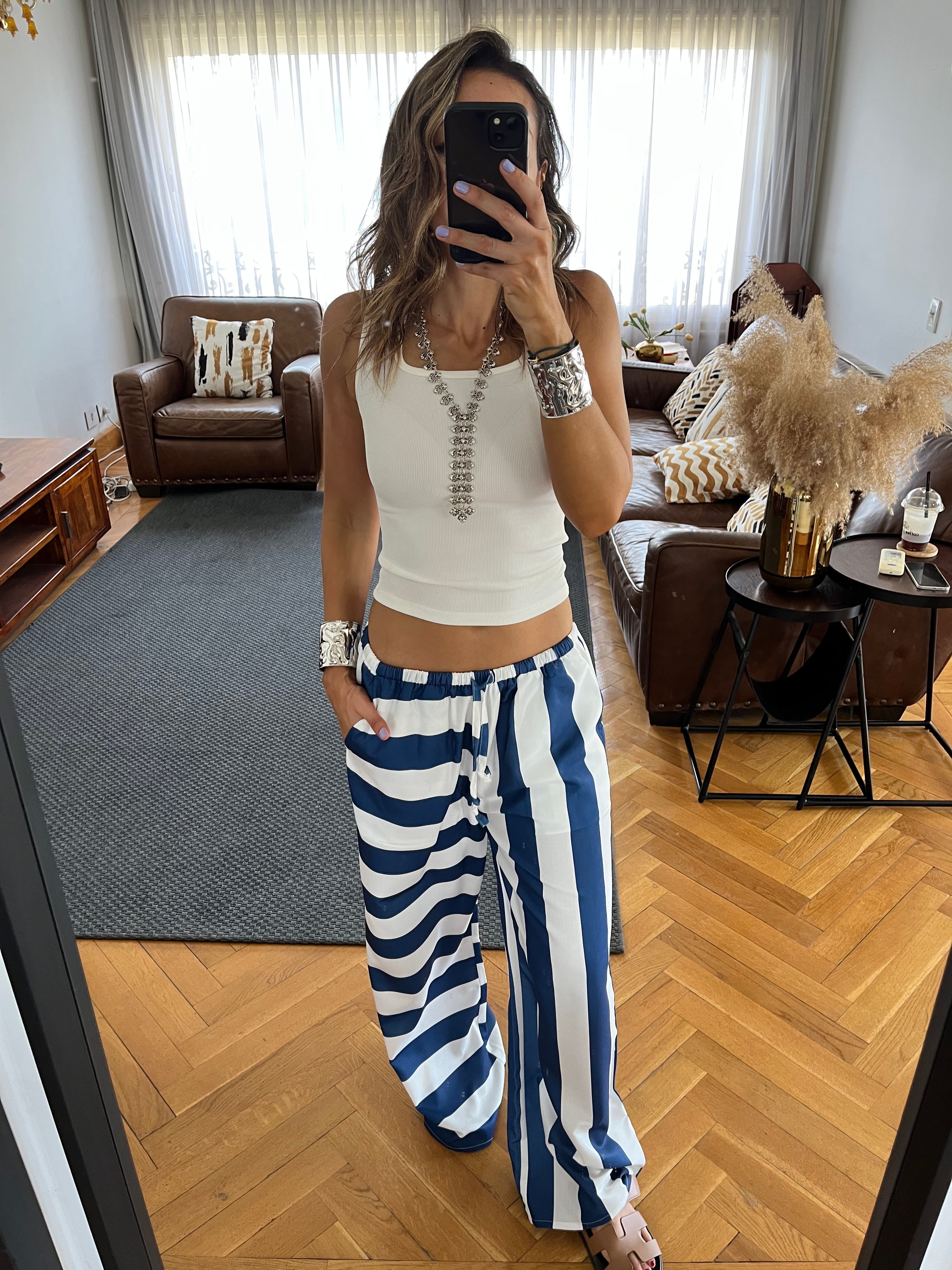 Navy & White Striped Colored Pants
