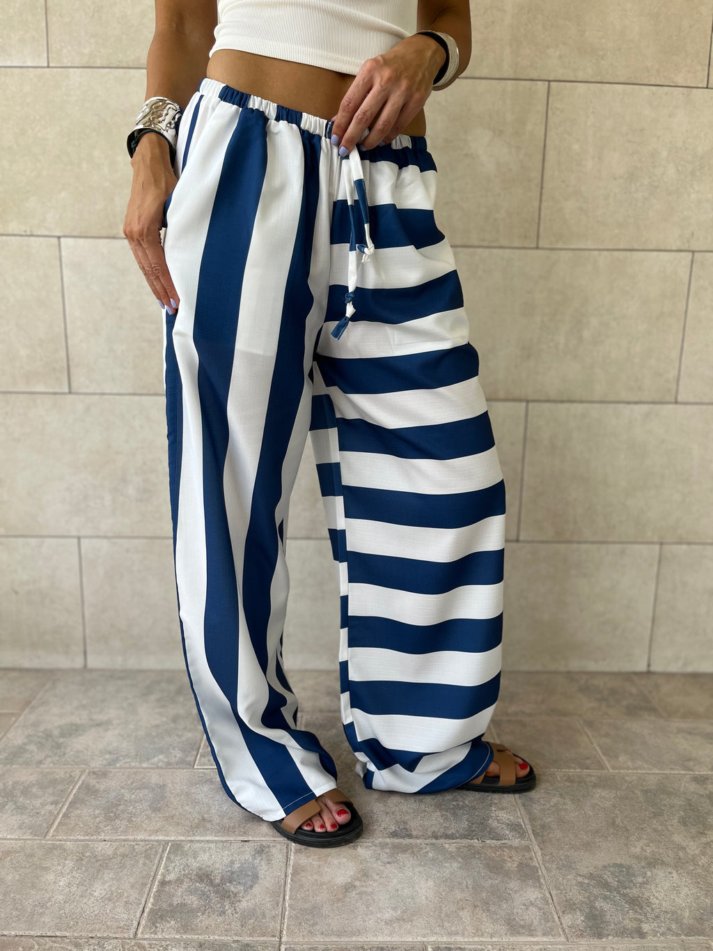 Navy & White Striped Colored Pants