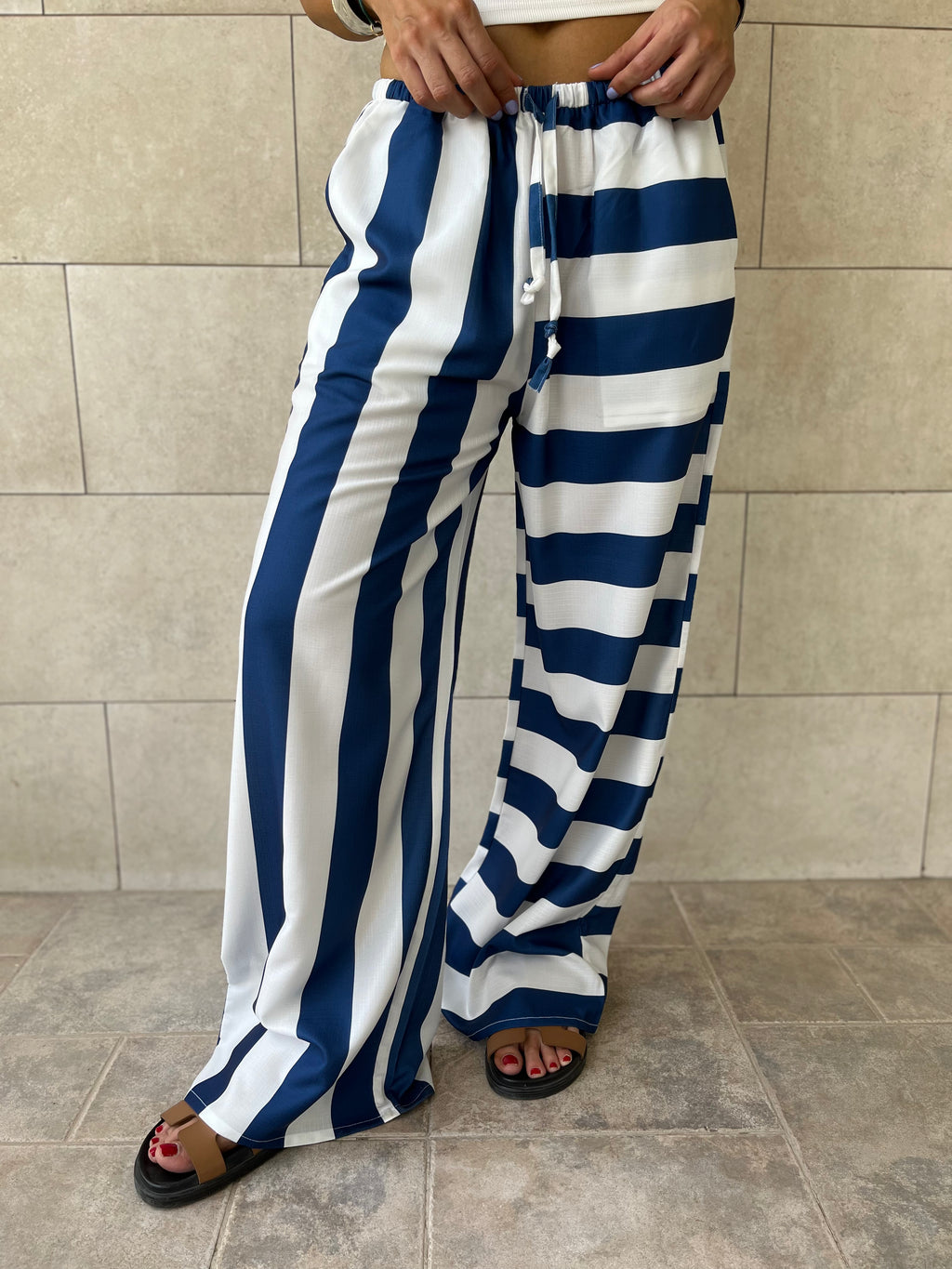 Navy & White Striped Colored Pants