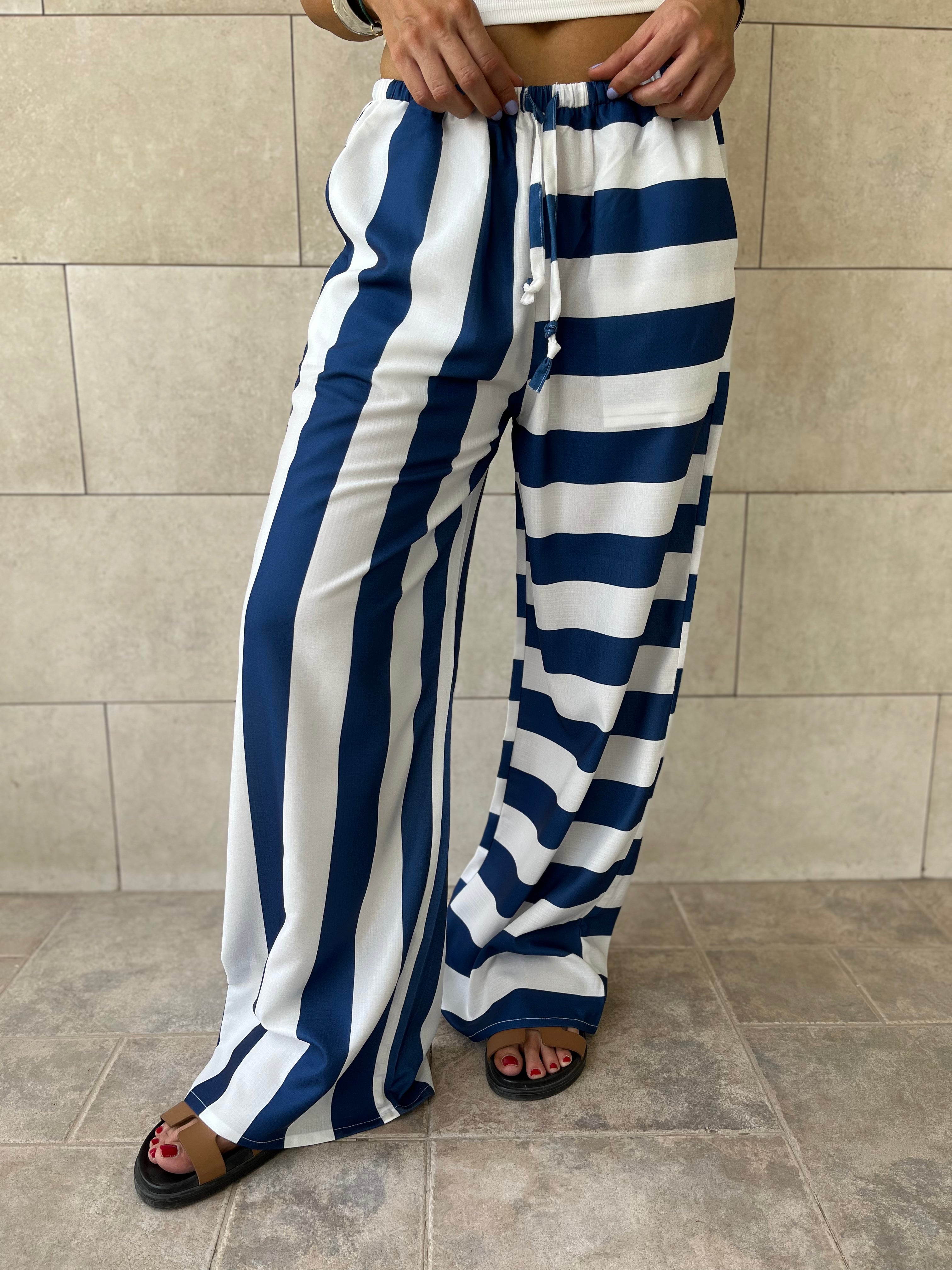 Navy & White Striped Colored Pants