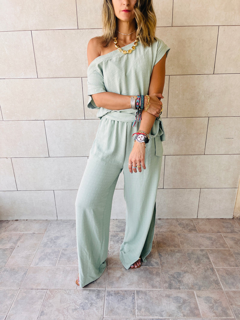 Mint Off Shoulder Longline Jumpsuit