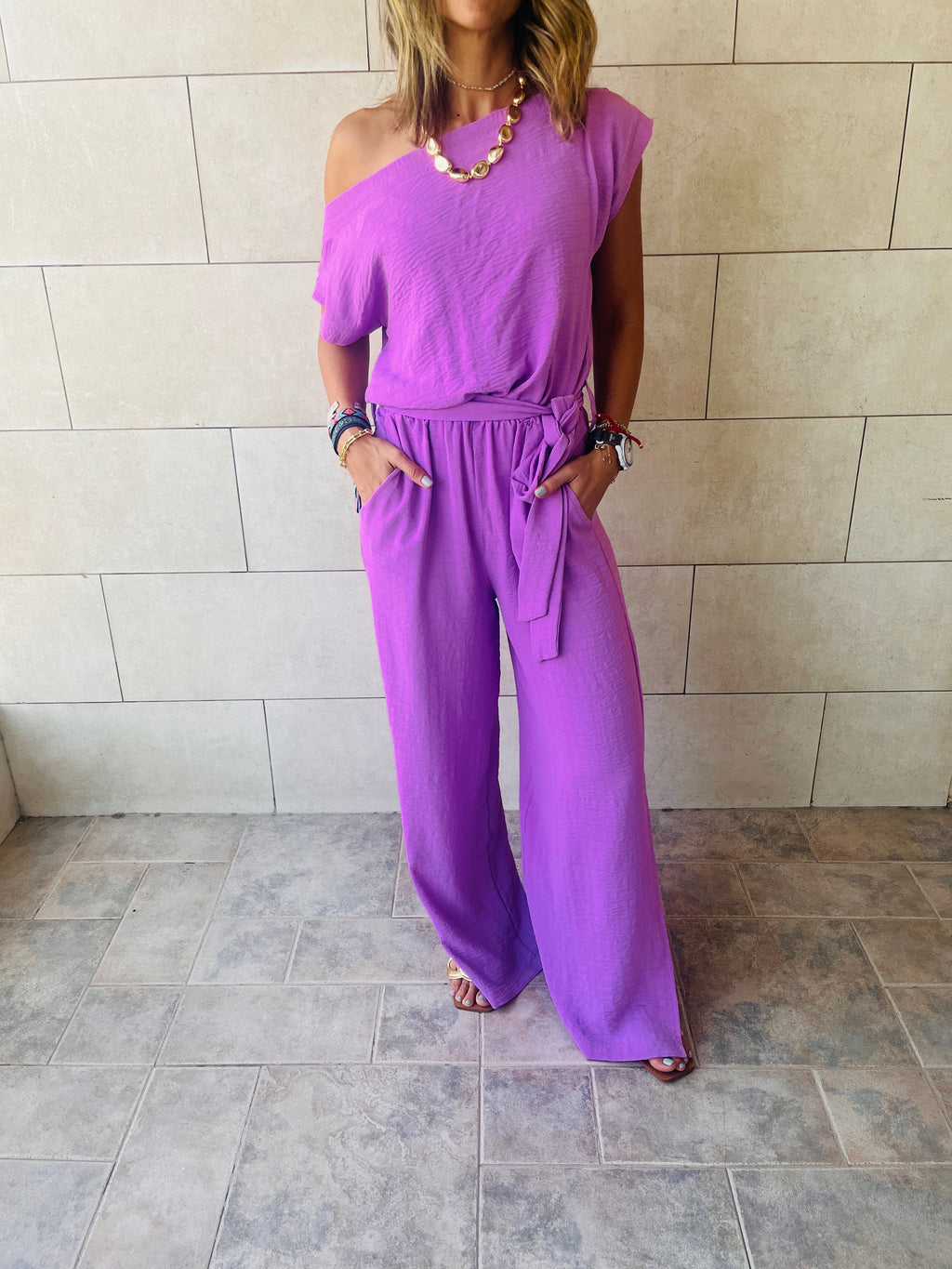Lilac Off Shoulder Longline Jumpsuit