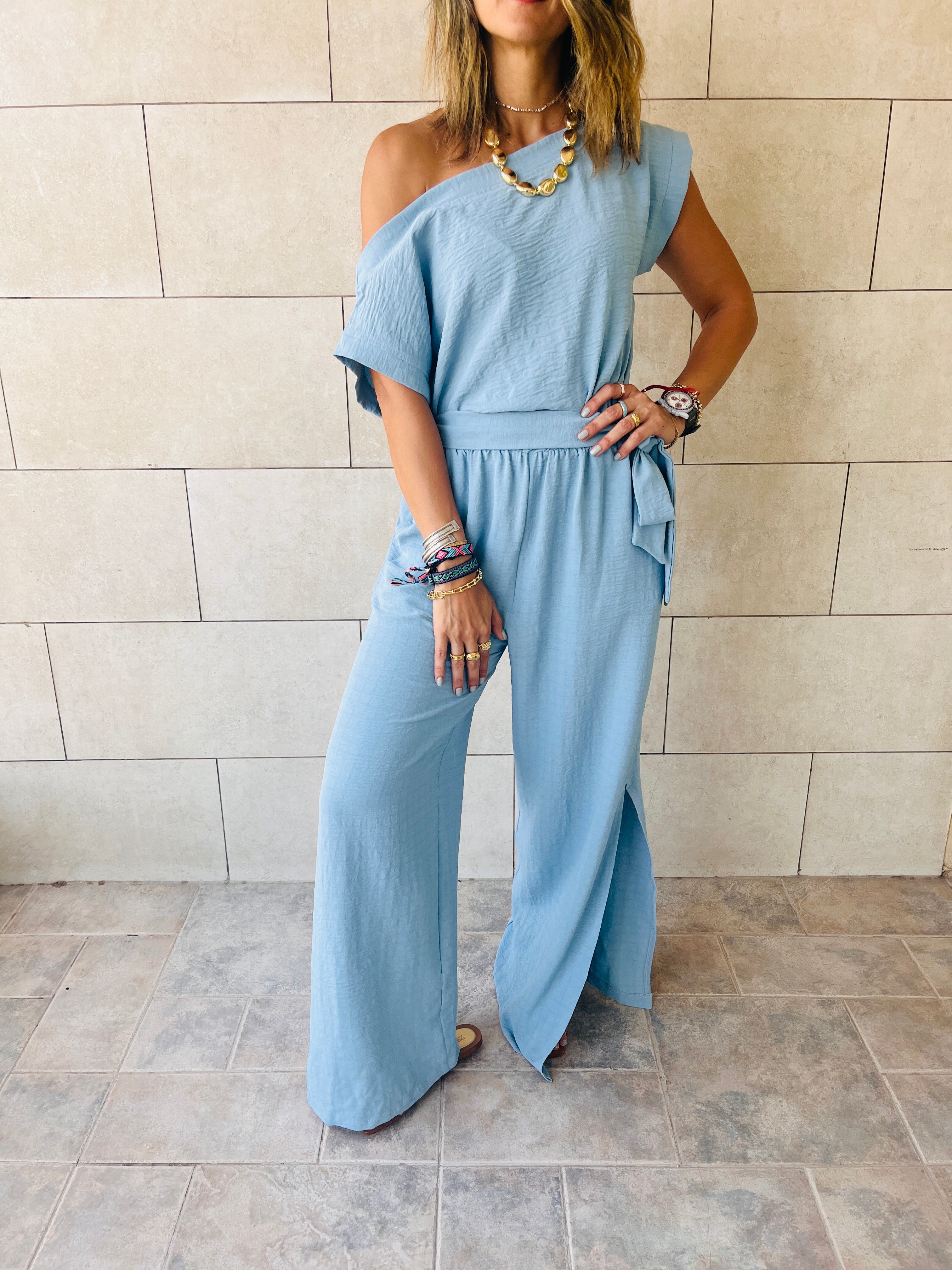 Baby Blue Off Shoulder Longline Jumpsuit