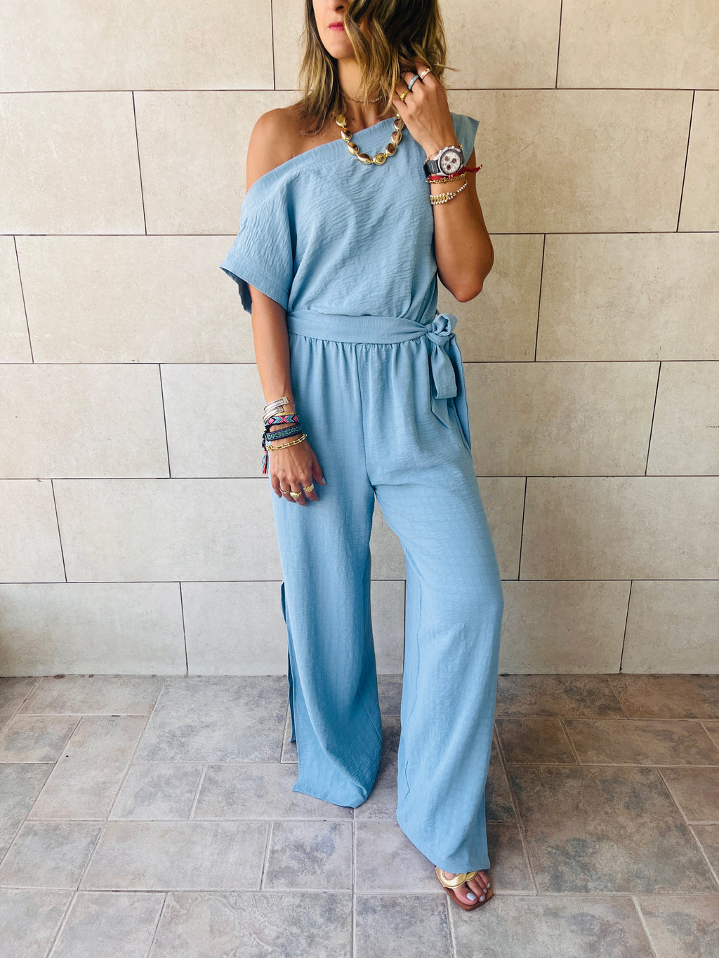 Baby Blue Off Shoulder Longline Jumpsuit