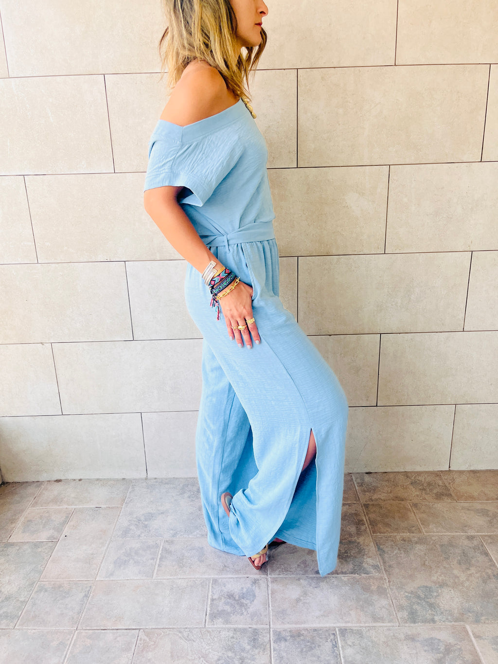 Baby Blue Off Shoulder Longline Jumpsuit