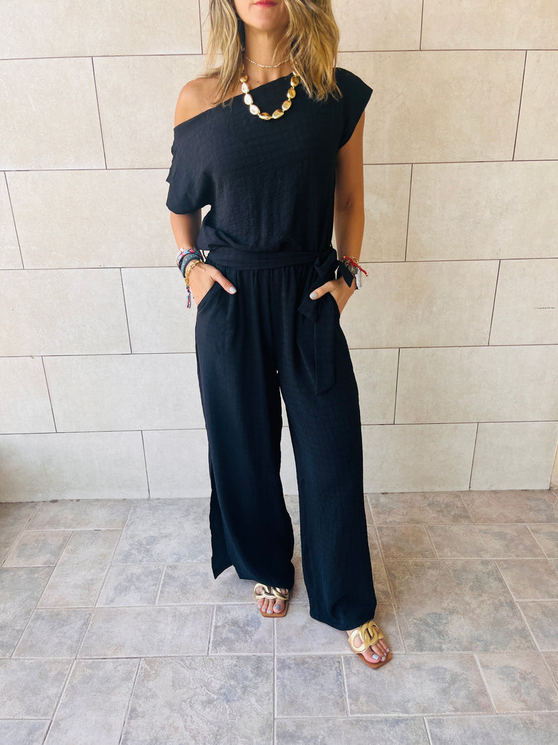 Black Off Shoulder Longline Jumpsuit