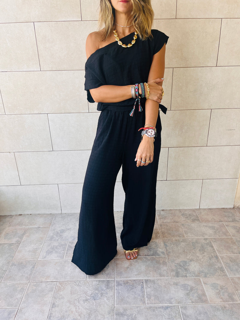 Black Off Shoulder Longline Jumpsuit