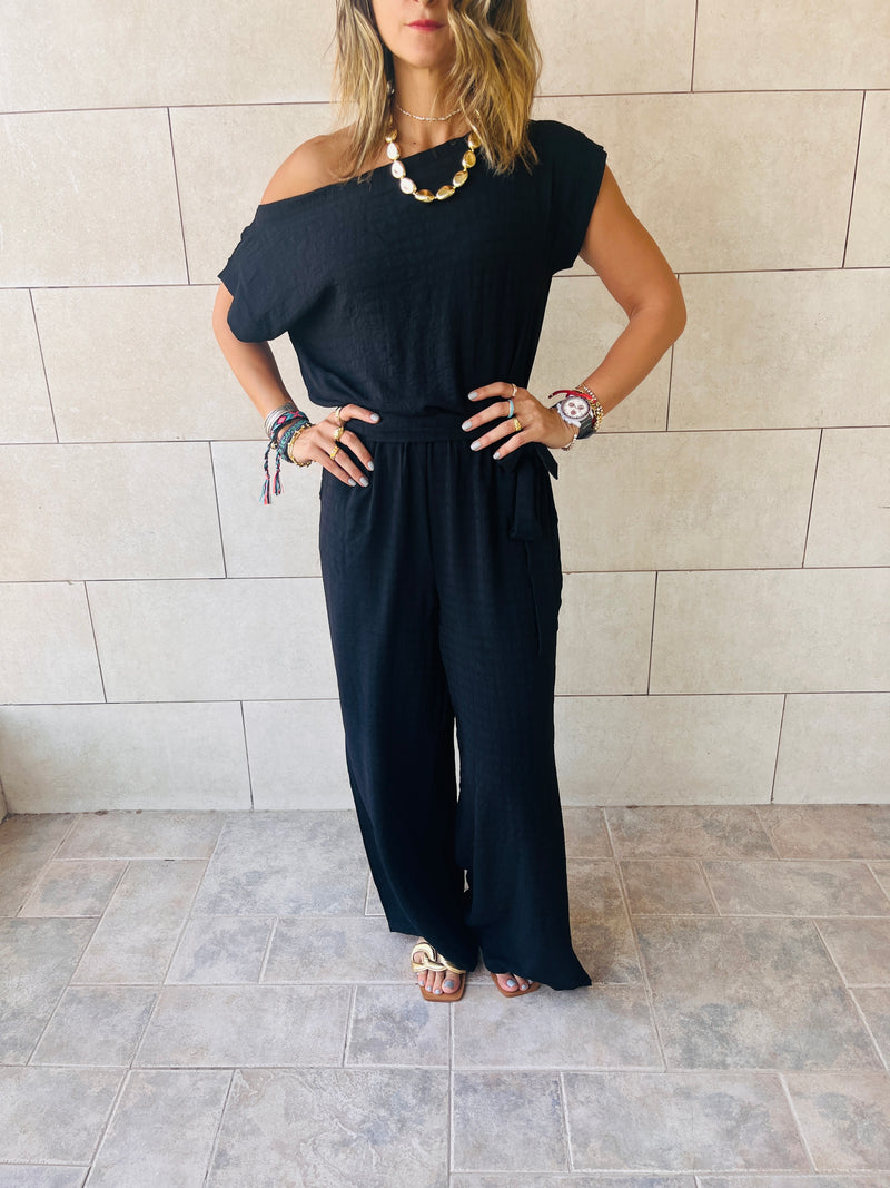 Black Off Shoulder Longline Jumpsuit