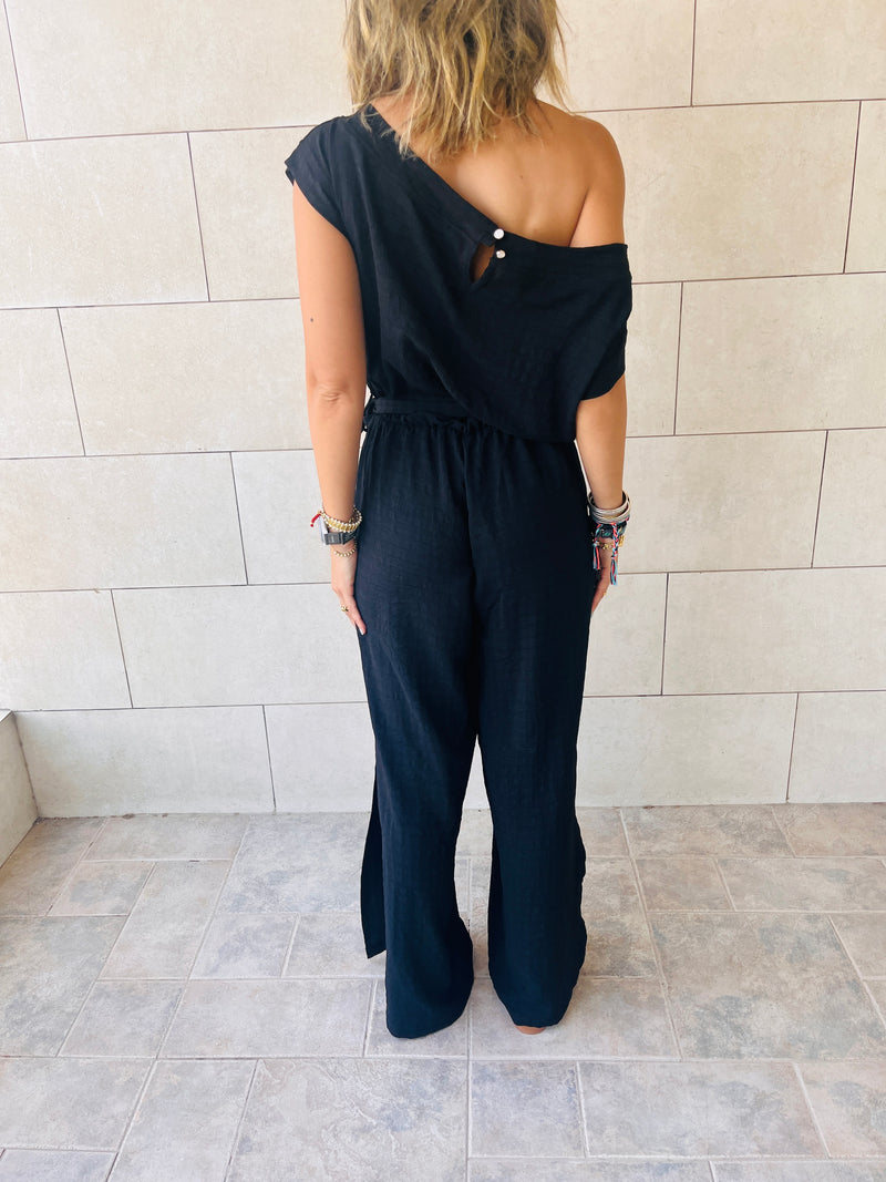 Black Off Shoulder Longline Jumpsuit