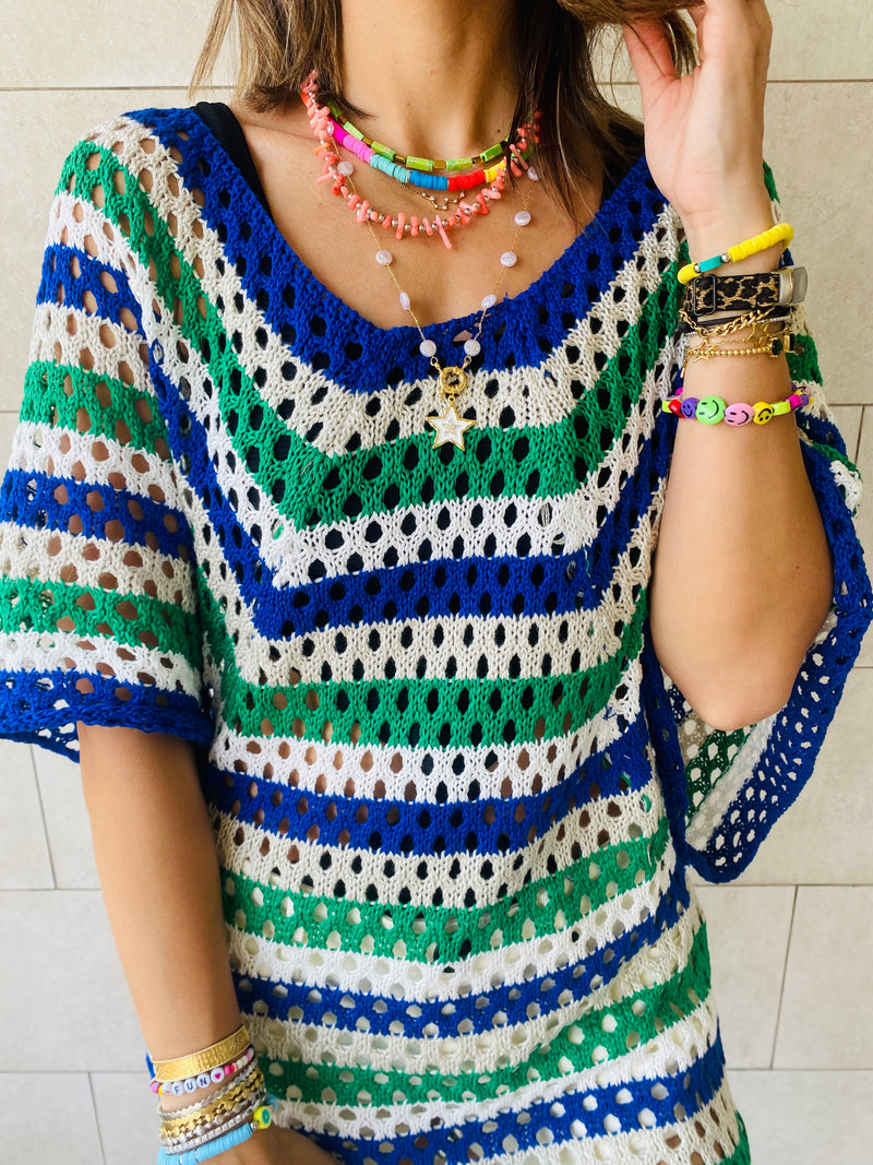 Blue Crochet Striped Coverup