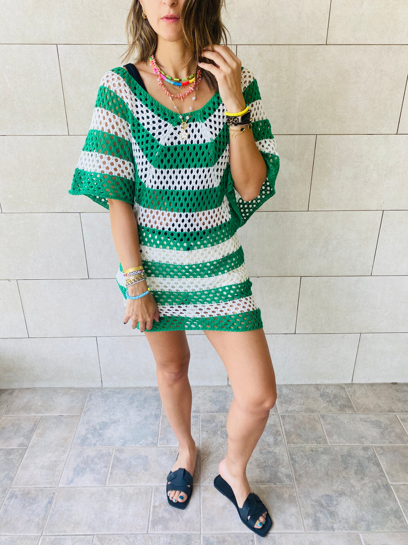 Green Crochet Striped Coverup