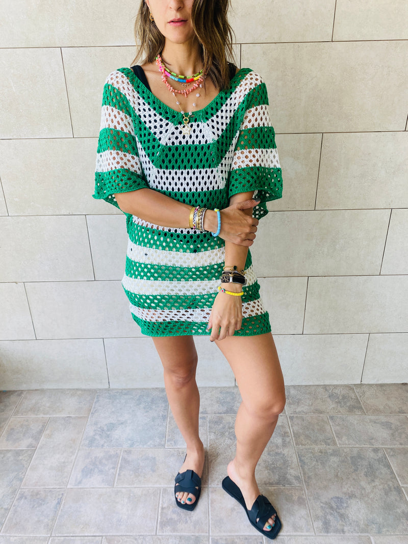 Green Crochet Striped Coverup