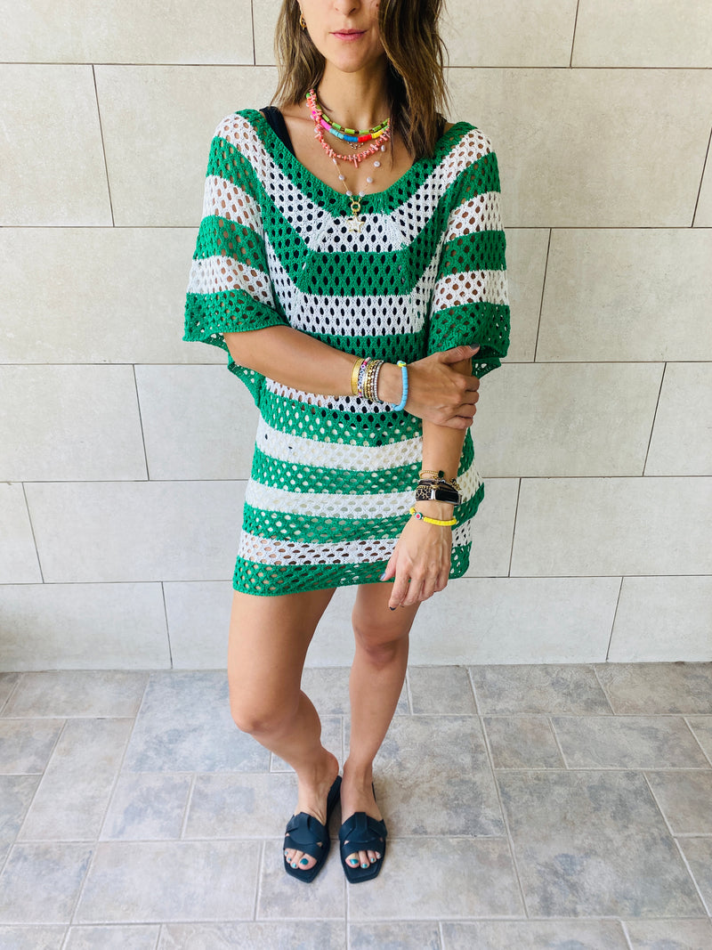 Green Crochet Striped Coverup