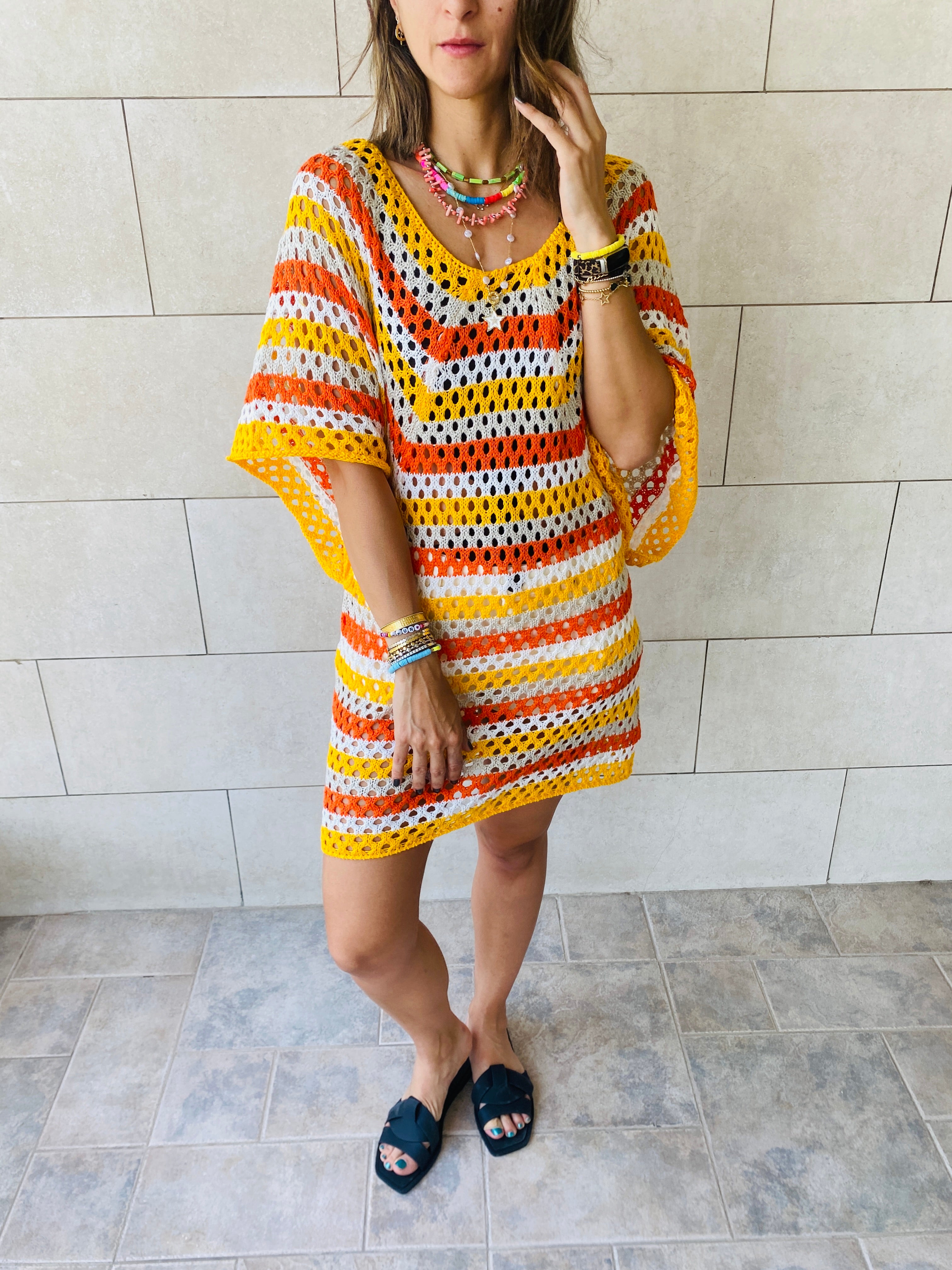 Yellow Crochet Striped Coverup