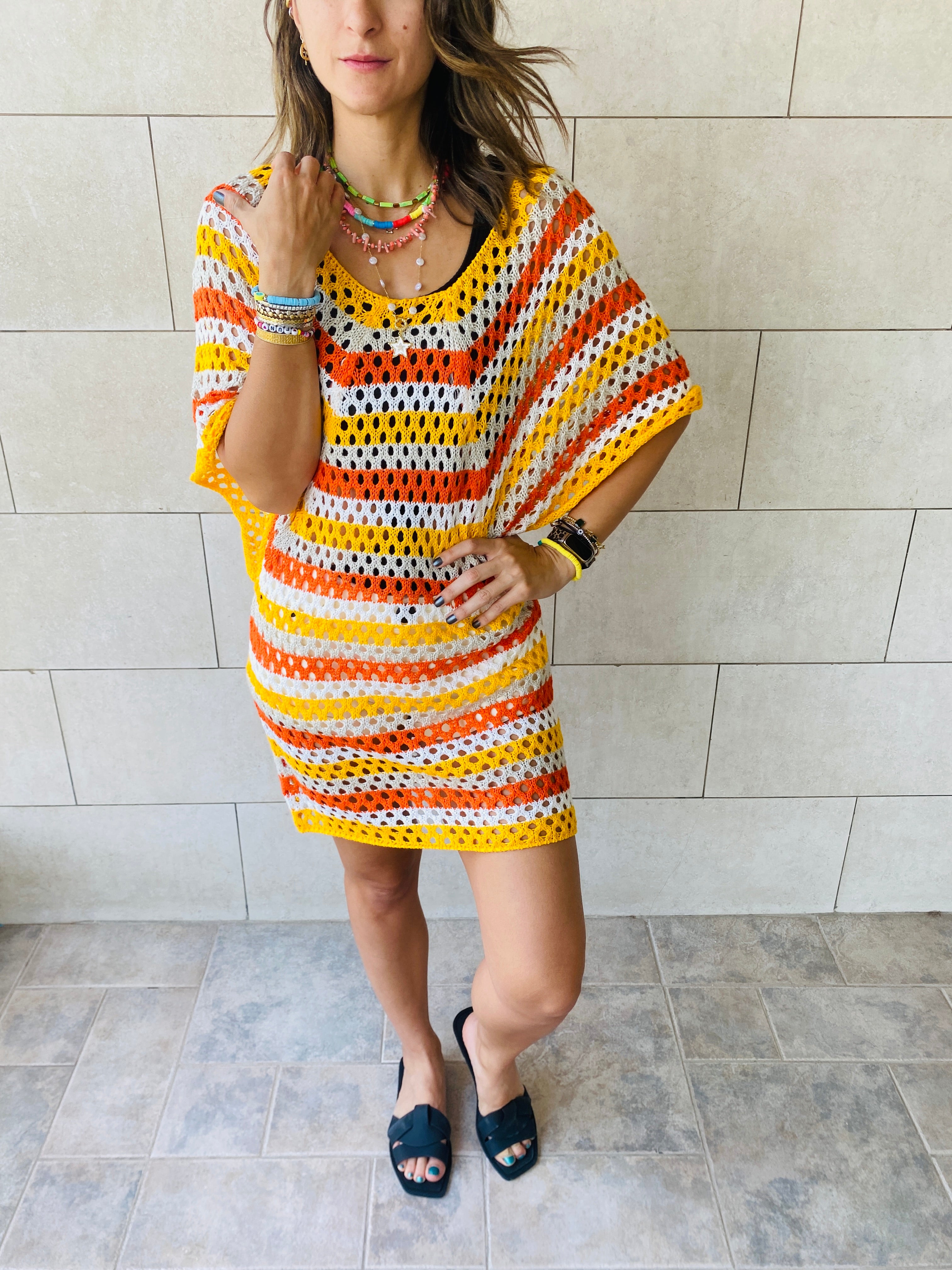 Yellow Crochet Striped Coverup