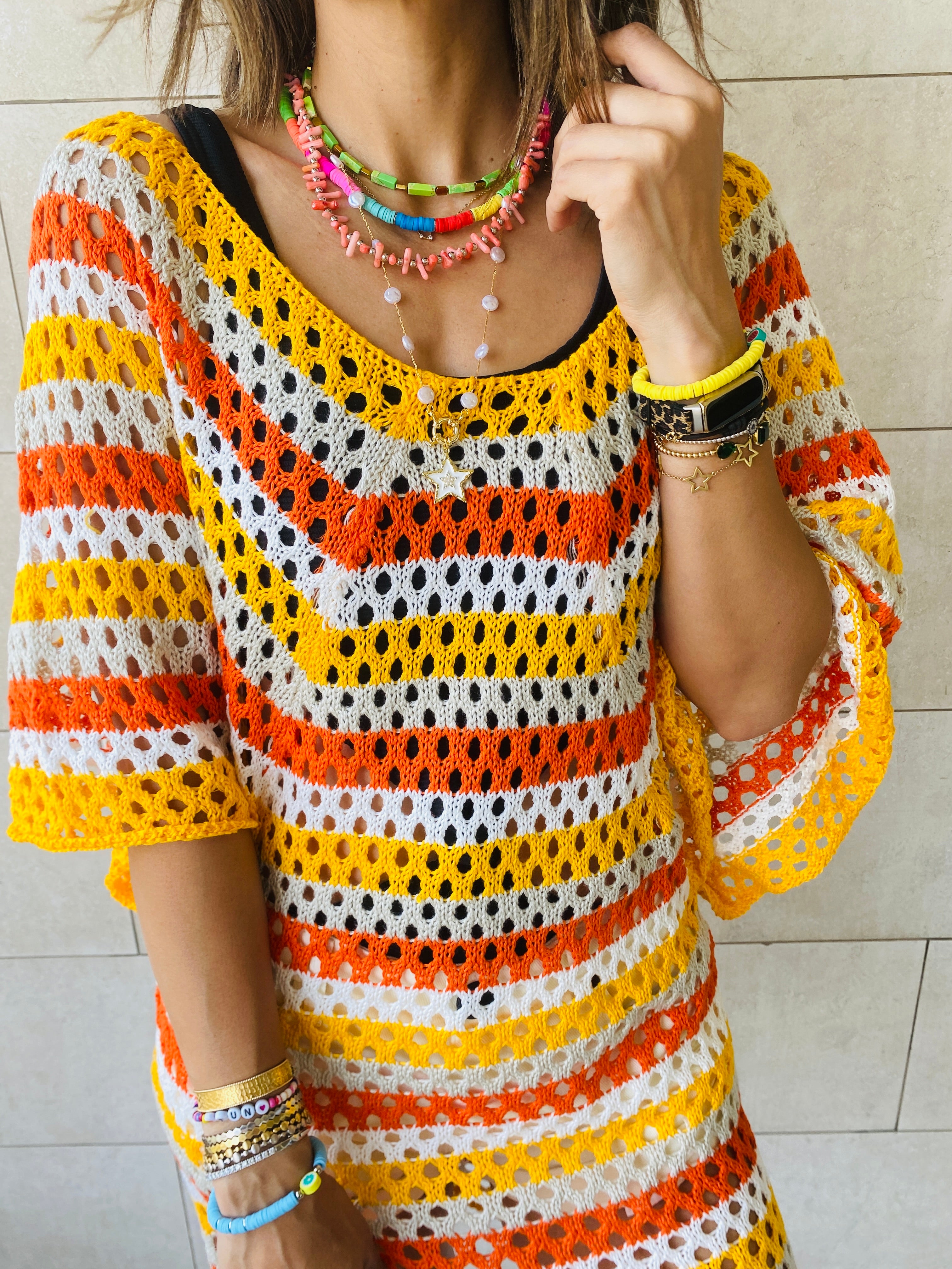 Yellow Crochet Striped Coverup
