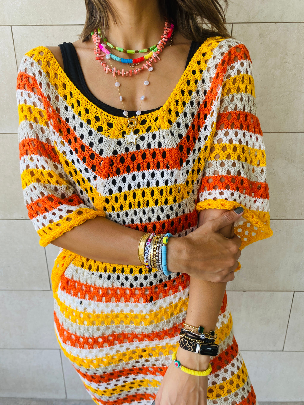 Yellow Crochet Striped Coverup