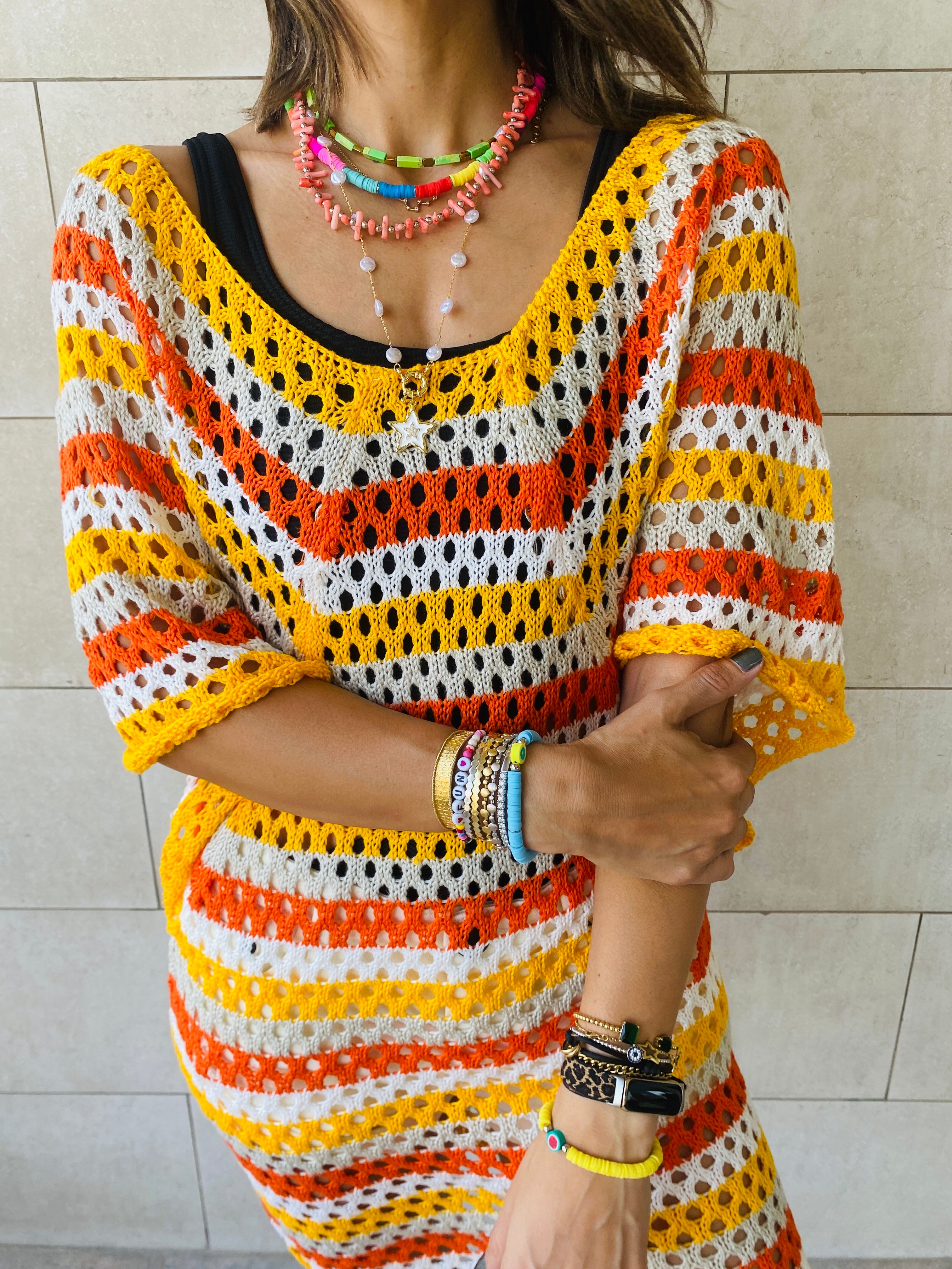 Yellow Crochet Striped Coverup