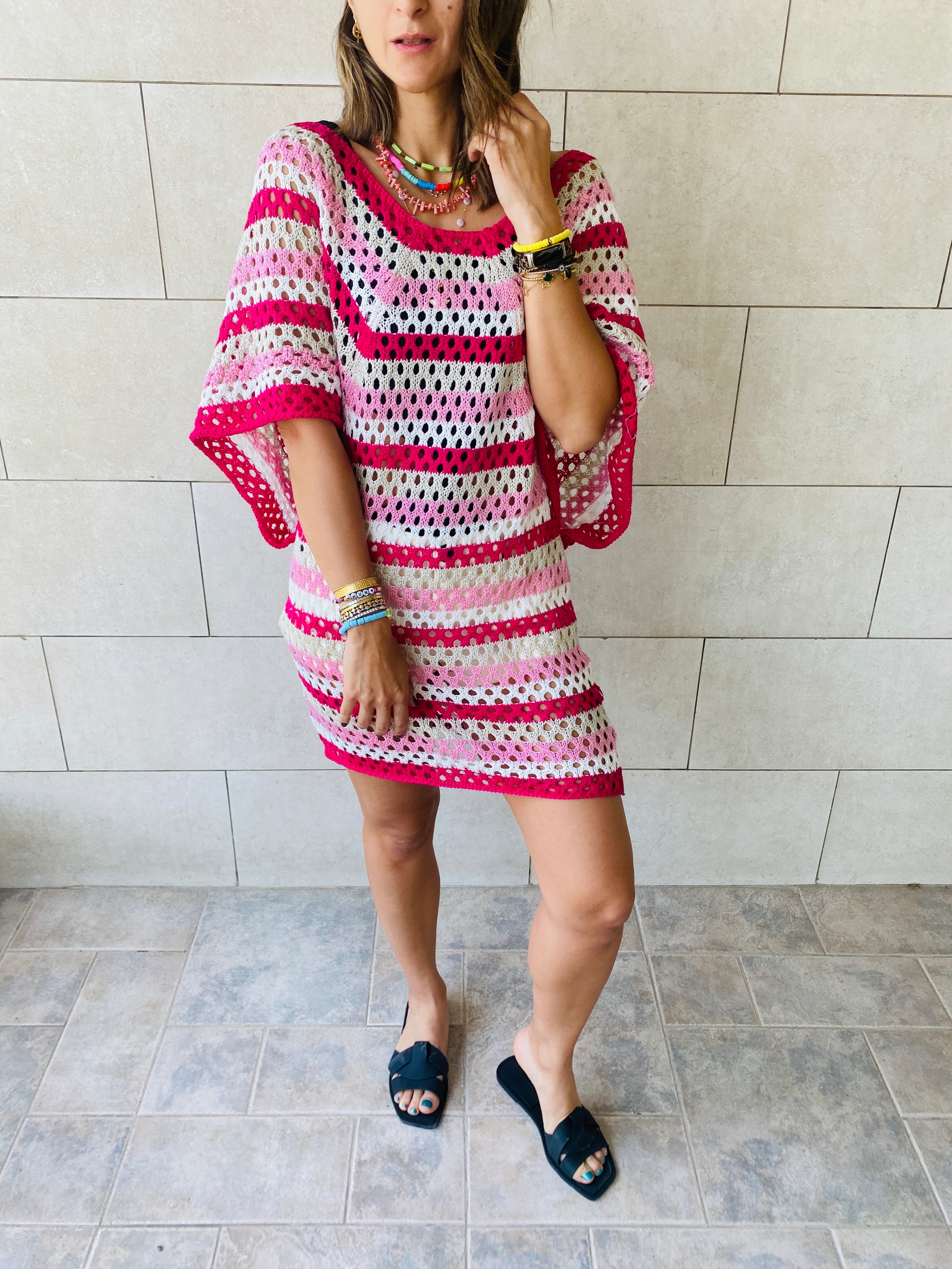 Fuchsia Crochet Striped Coverup