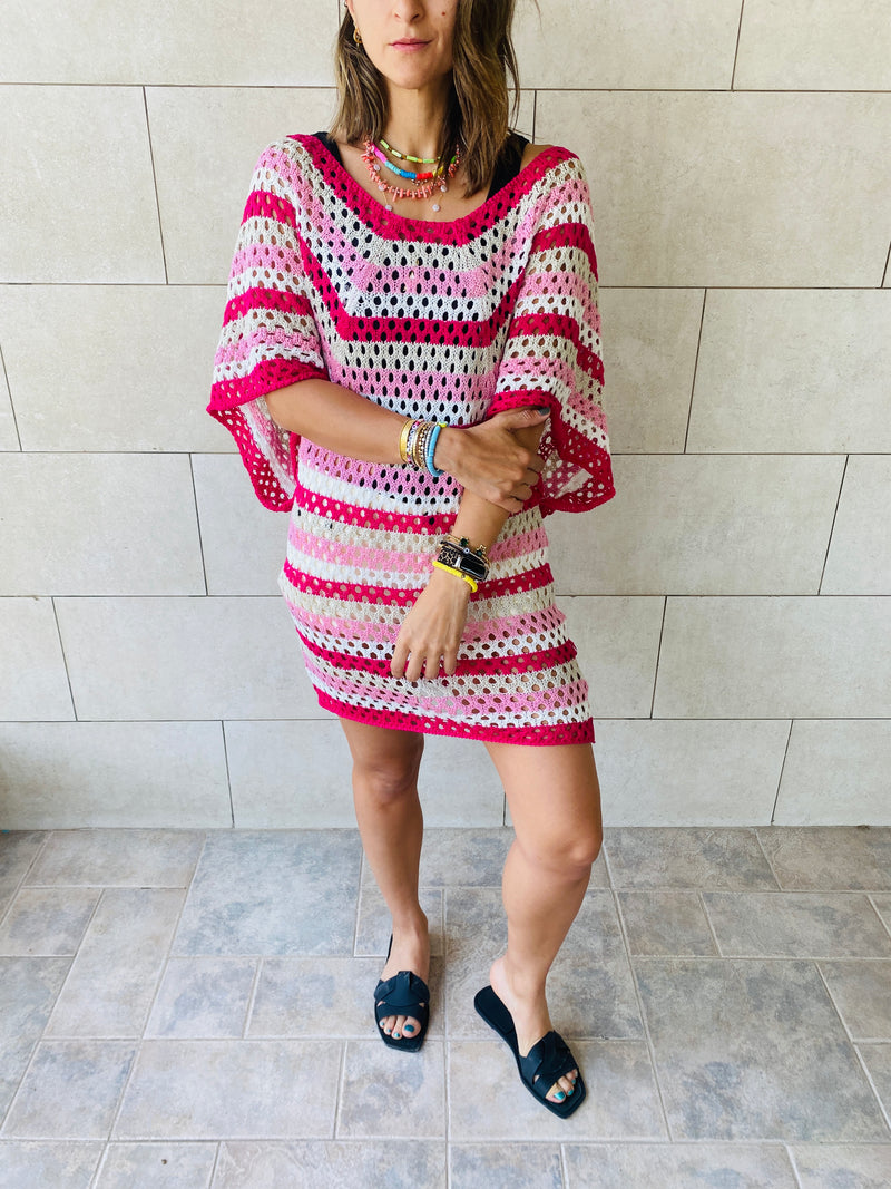 Fuchsia Crochet Striped Coverup