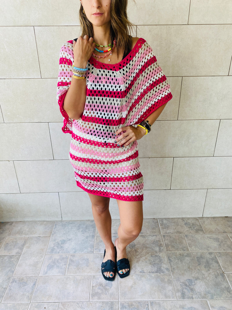 Fuchsia Crochet Striped Coverup