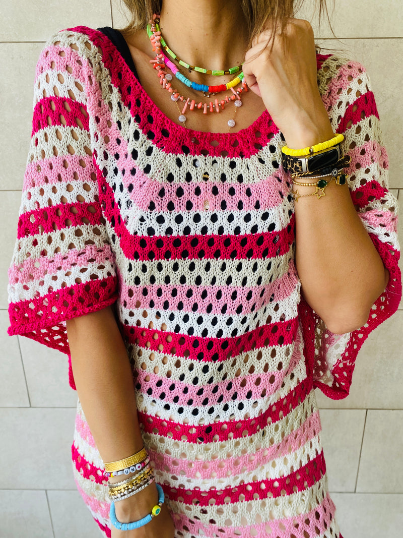 Fuchsia Crochet Striped Coverup